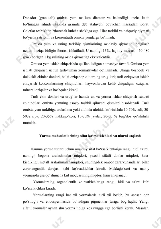 o‘rsatkichlariga rangi, hidi va ta’mi kabi ko‘rsatkichlari kiradi. yormalarning rangi har xil yormalarda turli xil bo‘lib, bu asosan don po‘stlog‘i va endospermasida bo‘ladigan pigmentlar turiga bog‘liqdir. yangi, sifatli yormalar aynan shu yorma tipiga xos rangga ega bo‘lishi kerak. masalan, tariqdan olinadigan psheno yormasi uchun xarakterli rang sariq bo‘lsa, guruch uchun esa oq rang hisoblanadi. yorma olishda qo‘llaniladigan texnologik jarayonlar ham ularning sifatiga ma’lum darajada ta’sir ko‘rsatadi. masalan, gidrotermik ishlov berish natijasida grechixa yormasida och-qo‘ng‘ir yoki qo‘ng‘ir rang hosil bo‘ladi. donning yetilish darajasi va donni saqlash jarayonida bo‘ladigan o‘zgarishlar hm uning rangiga ta’sir ko‘rsatadi. yaxshi yetilmagan dondan olingan yormalarning rangi yashilroq bo‘ladi. uzoq saqlash tufayli qoraygan donlardan yormalarning rangi ham qora-qo‘ng‘ir yoki sariq tusli bo‘ladi. hid ko‘rsatkichi ham yormalarning asosiy organoleptik ko‘rsatkichlari-dan biri hisoblanadi. yormalarda hid kam seziluvchan bo‘lsada, yangi, sifat-li yormalar o‘ziga xos yoqimli hidga ega bo‘ladi. yormalarda bo‘rsiq yoki mog‘or bosgan hidlarning bo‘lishi ularning eskirganligi yoki buzilganligidan dalolat beradi. …