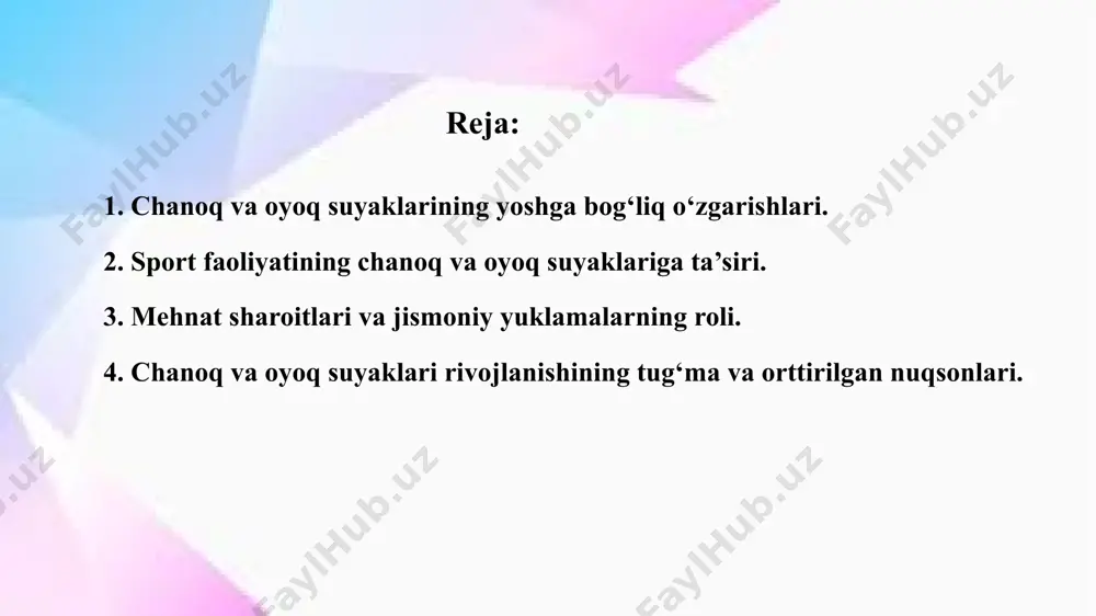 i mumkin. oyoq suyaklarining mo‘rtlashishi esa yurish va muvozanatni saqlashda qiyinchilik tug‘dirishi mumkin. bu jarayonni sekinlashtirish uchun jismoniy faollik, to‘g‘ri ovqatlanish va suyaklarni mustahkamlovchi mashqlar bajarish tavsiya etiladi. shu bilan birga, suyaklarning elastikligini saqlash uchun kalsiy va d vitamini iste’mol qilish muhim hisoblanadi. bolalikdan boshlab suyaklarning to‘g‘ri rivojlanishini ta’minlash, yosh o‘tishi bilan esa ularni zaiflashishdan asrash muhim. chanoq va oyoq suyaklarini sog‘lom saqlash uchun muntazam jismoniy mashqlar bajarish, muvozanatni saqlovchi harakatlar qilish va ortiqcha og‘irlikdan saqlanish lozim. shu yo‘l bilan yoshga bog‘liq o‘zgarishlarni nazorat qilish va suyaklarni uzoq yillar davomida mustahkam saqlash mumkin bo‘ladi. chanoq va oyoq suyaklari inson tanasining muhim qismlaridan biri bo‘lib, ular yoshga qarab turli xil o‘zgarishlarga uchraydi. bu o‘zgarishlar bolaning tug‘ilishidan boshlab keksalik davrigacha davom etadi. tug‘ilish vaqtida chaqaloqning chanoq suyaklari hali to‘liq rivojlanmagan bo‘lib, ular elastik va yumshoq bo‘ladi. bu holat tug‘ruq jarayonini yengillashtirish va bolaning dastlabki yillarida harakatlanish qobiliyatini rivojlantirishga yordam beradi. bolalar o‘sishi …