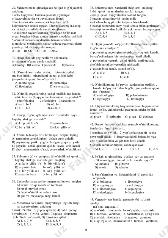 xos ma’lumotlarni ajrating. a) cho’l mintaqasida o’sadi; b) ko’p yillik o’simlik; c) tog’ mintaqalarida o’sadi; d) yarim buta sanaladi e) yerustki qismi qishda qurib qoladi; f) butalarga mansub o’simlik; g) yem- xashak o’simligi sanaladi. a) 1- b, c 2- d, e, g b) 1- a, f 2- b, d c) 1- b, c, f 2- a, b, d, g d) 1- c, d, f 2- a, e 13. turli hayotiy shaklga mansub o’simliklar berilgan qatorni aniqlang. a) qulupnay, kovrak, kiyiko’t, pskom piyoz b) qo’ytikan, teresken, bodomcha, andiz c) momoqaltiroq, pomidor, qalampir, kanop d) singirtak, bodomcha, nastarin, namatak 14. berilgan o’simliklarning yarim butalarga mansub bo’lganlarini ko’rsating. 1) sarsazan; 2) singirtak; 3) oq sho’ra; 4) izen; 5) andiz; 6) teresken; 7) baliqko’z; 8) shuvoq a) 2, 5, 7 b) 1, 3, 4 c) 4, 5, 6 d) 1, 6, 8 15. qaysi o’simliklar poyasining yer ustki qismi qishda quriydi (a) va poyasining …