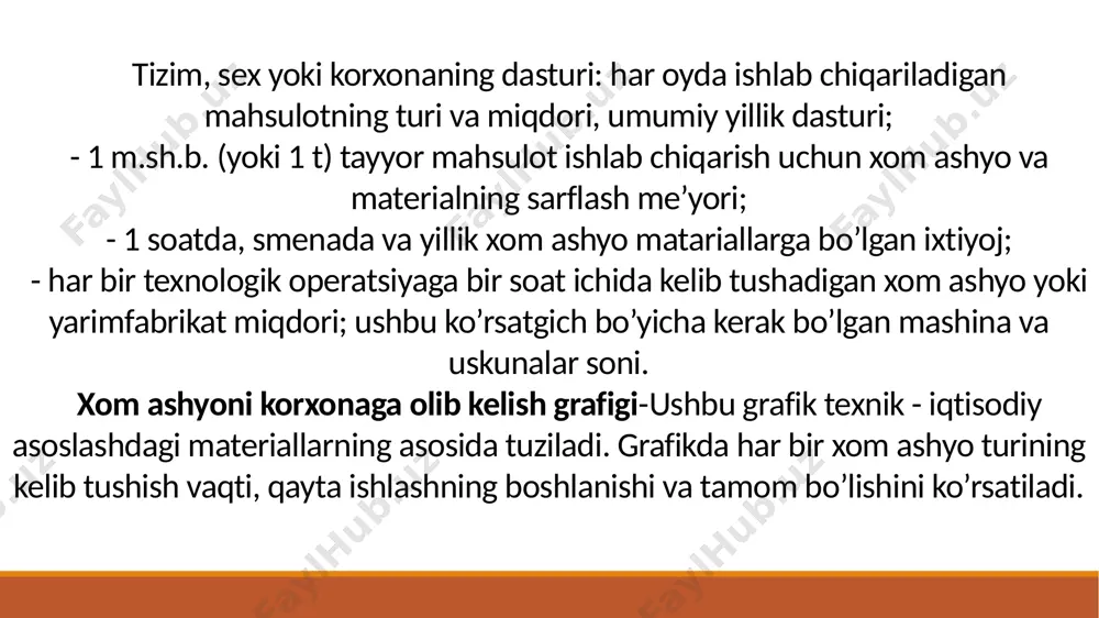 chiqarish quvvati (tayyor mahsulot bo’yicha), 1 m.sh.b. (t) uchun sarflangan xom ashyo va materiallar me’yori, mavsumdagi smenalar soni asosida tuziladi. misol: “o’rik va olxo’ri kompoti” konservasini ishlab chiqrish uchun xom ashyo hisobi. tizimning ishlab chiqarish quvvati 40 m.sh.b./smenaga mahsulotni qadoqlash uchun ishlatiladigan bankalar foydalanilgan adabiyotlar ro‘yxati abdullayev n., ortiqov o.. vino tayyorlash texnologiyasi. - urganch, 1996. аминов м.с., аминова э.м., горун е.п. производство консервов. - м., лёгкая и пищевая промышленность, 1990. аминов м.с., дикис м.д. технологическое оборудование консервных заводов. - м., агропромиздат, 1986. буянов а. дипломное проектирование предприятий мясной промышленности. - м., пищепром, 1985. гореньков э.с., бибергал в.л. оборудование консервного производства. справочник. - м., агропромиздат, 1989. демичев г.м. складское, тарное хозяйств и технология транспортно-складских процессов. - м., высшая школа, 1978. драгильев н.и., дроздов в.с. технологические машины и аппараты пищевых производств. - м., колос, 2000. зайчик у.р. оборудование предприятий винодельческого производства. - м., агропромиздат, 1989. etiboringiz uchun raxmat image2.png image1.jpg