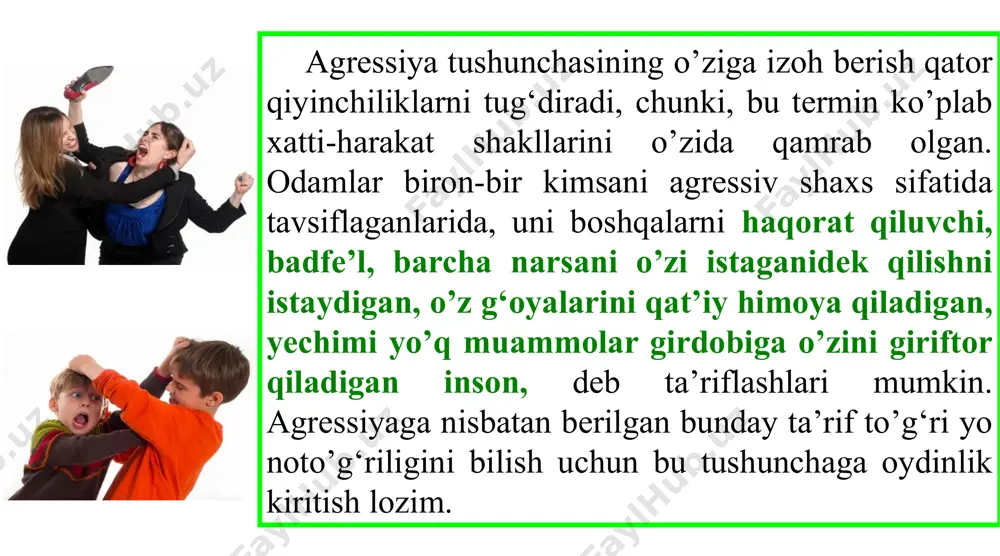 li sifatida ko’rishni taqozo etadi. bu muhim fikr ko’plab chalkashliklarni tug‘dirdi. agressiya termini ko’p hollarda g‘azab kabi negativ (salbiy) his-tuyg‘ular bilan, haqorat qilish va ziyon yetkazish kabi motivlar bilan, hatto negativ ko’rsatmalar sirasiga kiruvchi irqiy va etnik xurofot bilan assotsiatsiyalanadi. bu omillar natijasi zarar yetkazish bo’lgan xulq-atvorda albatta muhim rol o’ynashiga qaramay, ular bunday harakatlar uchun asos bo’la olmaydi. g‘azab boshqalarga tajovuz qilish uchun aslo zaruriy shart bo’lib hisoblanmaydi, boshqacha qilib aytganda, ayrim holatlarda agressiya o’ta sovuqqonlik holatida yuzaga kelishi mumkin bo’lgani kabi, o’ta kuchli hayajon holatida ham paydo bo’lishi mumkin. shuningdek, agressorlarning ular tajovuz qilayotgan shaxslardan nafratlanishlari yoki ularni yoqtirishlari umuman shart emas. ko’pchilik odamlar o’zlari yoqtirgan insonlarga zulm o’tkazadilar. shunday qilib, hozirda ko’pchilik tomonidan «agressiya – boshqa tirik jonzotga u buni istamagan vaziyatda haqorat yoki ziyon yetkazishni maqsad qilib qo’ygan xulq-atvorning har qanday shakli», degan tushuncha qabul qilingan. inson agressiyasi ko’rinishlarining turli-tuman va tubsizligidan kelib chiqib, mazkur xulq-atvorni …