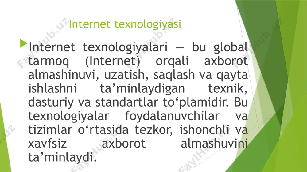 lar: html (hypertext markup language) – sahifaning tuzilmasini belgilaydi. css (cascading style sheets) – sahifaning ko‘rinishini, dizaynini belgilaydi. javascript – interaktivlikni ta’minlaydi (masalan: menyular, animatsiyalar). frontend freymvorklari: react.js (facebook tomonidan ishlab chiqilgan) vue.js angular (google tomonidan ishlab chiqilgan) responsive dizayn vositalari: bootstrap, tailwind css backend texnologiyalar (server tomonidagi) bu texnologiyalar veb-saytning ichki ishlov beruvchi qismini tashkil etadi – foydalanuvchi so‘rovlarini qabul qilish, ma’lumotlar bazasi bilan ishlash, natijani qaytarish. asosiy backend texnologiyalar: php – eng ko‘p ishlatiladigan backend tillaridan biri. python (django, flask freymvorklari bilan) java (spring freymvorki) node.js (javascript asosida server tomonida ishlaydi) ruby on rails .net (c#) ma’lumotlar bazasi texnologiyalari web-saytlarda axborotni saqlash uchun ma’lumotlar bazasidan foydalaniladi. mysql – ochiq kodli, mashhur rdbms postgresql – kuchli, kengaytirilgan imkoniyatli mongodb – nosql, hujjat ko‘rinishidagi ma’lumotlar bilan ishlaydi firebase – google tomonidan taqdim etilgan real-time database sqlite – yengil va lokal ishlovchi bazalar uchun web-server texnologiyalari web-serverlar foydalanuvchining brauzeridan kelgan so‘rovni …