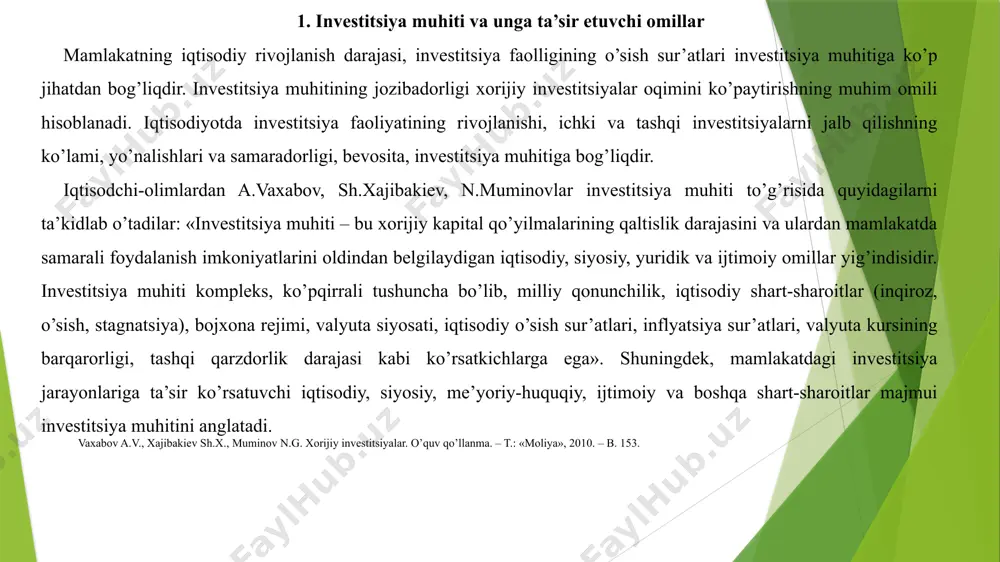 limlardan d.g’ozibekov va t.qoralievlar tomonidan quyidagi fikrlar bildirilgan: «investitsiya iqlimi juda keng ma’noda ishlatiladigan tushuncha bo’lib, investor tomonidan hisobga olinadigan barcha muammo va masalalarni mujassamlashtiradi. investor tomonidan ma’lum bir mamlakatga kapital ajratishning qulay va noqulay tomonlari belgilanadi, shu bilan bir qatorda, o’z kapitalini kiritmoqchi bo’lgan mamlakat mafkurasi, siyosati, iqtisodiyoti va madaniyatiga katta ahamiyat beriladi». investitsiya muhitining holatini investitsiya faoliyatini amalga oshirishning maqsadga muvofiqligi va jozibadorligini aniqlaydigan iqtisodiy, ijtimoiy, tashkiliy, huquqiy, siyosiy, ekologik va boshqa shart-sharoitlarning umumlashtiruvchi xususiyatlari belgilab beradi. investitsiya muhiti deganda, mamlakat iqtisodiyoti yoki uning ma’lum bir hududiga kiritiladigan investitsiyalarning samaradorligini va xavfsizligini ta’minlashga qaratilgan iqtisodiy, ijtimoiy, siyosiy, tashkiliy-huquqiy, ekologik, madaniy va boshqa shart-sharoitlar majmuasi tushuniladi. u muayyan hududga investitsiyalar kiritishning maqsadga muvofiqligi va jozibadorligini belgilaydigan shart-sharoitlarning mavjud ijobiy va salbiy tomonlarini anglatadi. investitsiya muhiti holati yaratilgan huquqiy baza va uning asoslari, qonun hujjatlarining sifatli tuzilishi va ularga rioya qilinishini talab etadi. g’ozibekov d.g’., qoraliev t.m. investitsiya faoliyatini tashkil …