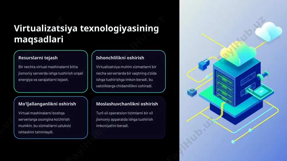 arish texnologiyasi. 4 azure arc bulutli xizmatlarni boshqarish va kuzatish vositasi. 6 proxmox virtual environment: qo'llanilish sohasi 1 serverlarni boshqarish va virtualizatsiya qilish. 2 bulutli hisoblash infratuzilmasini qurish. 3 mahalliy serverlarni boshqarish. 4 ilmiy hisoblash va tadqiqotlar. 7 oracle vm virtualbox: afzalliklari osonlik o'rnatish va foydalanish oson. ko'p platformali windows, linux, macos va boshqa operatsion tizimlarni qo'llab-quvvatlaydi. be pul be pul ochiq manbali virtualizatsiya texnologiyasi. 8 virtualizatsiya texnologiyalarini tanlash mezonlari 1 narx virtualizatsiya texnologiyasining narxi va litsenziyalash modeli. 2 ishlash virtualizatsiya platformasining ishlash ko'rsatkichlari va resurs iste'moli. 3 moslashuvchanlik platforma turli xil operatsion tizimlar va apparatlarni qo'llab-quvvatlashi. 4 xavfsizlik xavfsizlik xususiyatlari va virtual mashinalarni himoya qilish darajasi. 9 xulosa va tavsiyalar windows server'dagi virtualizatsiya texnologiyasini tanlash, tashkilotning ehtiyojlari, budjeti va maqsadlariga bog'liq. hyper-v dan tashqari boshqa ko'plab imkoniyatlar mavjud bo'lib, ular turli xil afzalliklar va xususiyatlarni taklif qiladi. 10 image1.png image2.png image3.png image4.png image5.png image6.png image7.png image8.png image9.png image10.png image11.png …