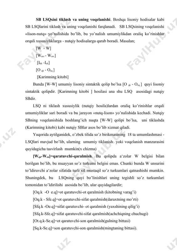 t qaratuvchi-son qaralmish(gulning bittasi) [sq.k-se.q]=son qaratuvchi-son qaralmish(mingtaning bittasi). [oq.k-hne.q]= ot qaratuvchi+fe‘l qaralmish(otabekning qaytishi). [hn.q.k-oe.q]=fe‘l qaratuvchi+ot qaralmish(uyalishning o’rni). [hn.q.k- hn.e.q]=fe‘l qaratuvchi+fe‘l qaratuvchi (olmoqning bermog’i). [oq.k-sde.q]=ot qaratuvchi-sifatdosh qaralmish(yurakning to’xtagani). [sdq.k-oe.q]=sifatdosh qaratuvchi+ot qaralmish (qo’rqqanning ko’zi). [sdq.k-sde.q]=sifatdosh qaratuvchi-sifatdosh qaratuvchi (yig’laganning kulgani). [oq.k-re.q]=ot qaratuvchi-ravish qaralmish (mehnatning kecha-kunduzi) [olmq.k-oe.q]=olmosh qaratuvchi-ot qaralmish(mening vatanim). [rq.k-oe.q]=ravish qaratuvchi+ot qaralmish(hozirning huzuri). umumiy [wqk-we.k] qolipning bu ko’rinishlari ham bevosita kuzatishda bo’lib, ular o’zaro a‘zolarining qaysi turkumga mansubligi bilan farqlanar ekan, demak, ular lug’aviy mohiyatlar tajallilari asosida bo’lingandir. biroq baribir qoliplar lisoniy sathga mansubligiga qolaveradi. ammo o’rni jihatdan bu sathning quyi pog’onalaridan joy oladi. [wq.k-we.q]=qaratuvchi-qaralmish qolipi hosilalari turli xil ma‘nоviy munosabatlarni namoyon qiladi. demak, sblarning tarkibiy qismlari orasidagi ma‘noviy munosabatlarni tahlil qilmoq lozim bo’ladi. birinchi sbda yuzaga chiqqan (karim) va (kitob) leksemalari orasidagi borliqda va kishilar ongida qanday bog’lanish bo’lishi mumkin? ma‘lum bo’ladiki, ushbu leksemalar asosida qator sblarni tuzish mumkin bo’ladi va ularning har biri borliqdagi har xil - «atash», «ajratish», «ega-egalik qiluvchi …