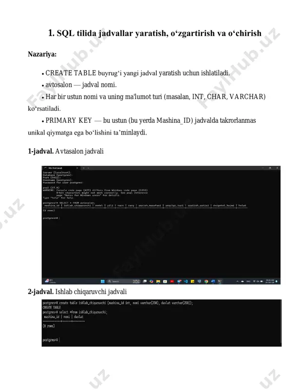 n qiymat sql right join operatori sql right join operatori ikki yoki undan ortiq jadvallar yozuvlaridan jadval yaratadi. sql right join operatorida, sql left join operatorida bo‘lgani kabi, jadvallarning tartibi muhim, chunki natija bunga bog‘liq bo‘ladi. operatorning algoritmi quyidagicha: • birinchidan, jadval chap va o‘ng jadvallarning ichki birlashmasi (sql operatori inner join) orqali hosil bo'ladi. • keyin, ichki birlashma orqali jadvalni shakllantirish natijasiga kiritilmagan chap jadvalning yozuvlari natijaga qo'shiladi. ular uchun chap jadvaldagi mos yozuvlar null qiymatlari bilan to'ldiriladi. sql right join operatori quyidagi sintaksisga ega: select atribut_nomi [,... n] from jadval_1 right join jadval_2 on qiymat left join: chapdagi jadvaldagi barcha yozuvlarni va o‘ngdagi jadvaldagi mos yozuvlarni qaytaradi.s sql full join operatori sql full join operatori ikki yoki undan ortiq jadvallar yozuvlaridan jadval yaratadi. sql full join operatorida jadvallar tartibi muhim emas, u yakuniy natijaga hech qanday ta'sir ko'rsatmaydi, chunki operator simmetrikdir. sql full join iborasini sql inner join …