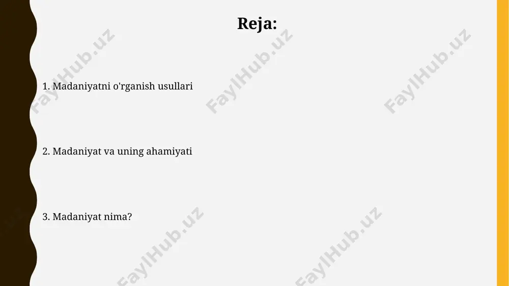 asi, erkaklik-ayollik, noaniqlikdan qochish, uzoq muddatli yo'nalish) shaxsiy xususiyatlar va xatti-xarakatlarga ta'sir ko'rsatishini o'rganadi. madaniyat va san'at o'zbek madaniyati boy tarixga ega bo'lib, 5000 yildan ortiq davom etgan rivojlanishi davomida ko'plab badiiy uslublar, an'analar va ta'sirlarni o'zida mujassamlashtirgan. madaniyat va san'at o'rganishda antropologiya, sotsiologiya va tarix kabi 3 ta asosiy fan sohalarining uslublari va nazariyalari qo'llaniladi, bu esa madaniy hodisalarni ko'p qirrali tahlil qilish imkonini beradi. madaniyat va siyosat madaniyat va siyosat o'zaro bog'liq tushunchalar bo'lib, 20-asr davlatlarining 50% dan ortig'ida milliy madaniyatni rivojlantirishga davlat siyosati kuchli ta'sir ko'rsatgan. siyosiy rejimning tabiati (avtoritar yoki demokratik) madaniy siyosatning yo'nalishini va samaradorligini 30% ga yaqin darajada belgilaydi, bu esa ijtimoiy institutlarning rivojlanishiga ta'sir qiladi. madaniyat turlari madaniyat antropologiyasida 50 dan ortiq turli madaniyat turlarini o'rganishga bag'ishlangan tadqiqotlar mavjud bo'lib, ularning har biri o'ziga xos xususiyatlarga ega. "yuksak madaniyat" va "ommaviy madaniyat" tushunchalari 20-asrda paydo bo'lib, madaniy mahsulotlarning sifat darajasi va iste'molchilar guruhlari …