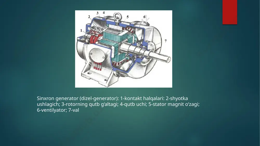 agi kompensatorning nominal quvvatini ta’minlovchi tokning eng katta miqdoridir. sinxron kompensatorlarning nominal sovitish sharoitlarida aktiv quvvatning yo‘qotilishi 1,5- 2,5% ga teng. sinxron kompensatorlar ikki usulda sovitiladi: ks tipidagi kompensatorlar uchun vetilyasiyaning yopiq tizimi bilan havoli bilvosita sovitish (turbogeneratorlarga o‘xshash), ksv kompensatorlari uchun qobiq montaj qilingan gaz sovitgich bilan vodorodli bilvosita sovitish. kompensatorlarning ikkala turida ham b sinfdagi izolyatsiya qo‘llanilgan. hozirgi elektr yuklanishlar juda katta reaktiv quvvat iste’mol qilishi bilan xarakterlanadi. reaktiv quvvat iste’mol qilishnig ortishiga birinchi navbatda elektr qurilmalarini keng miqyosda ishlatish sabab bo‘lmoqda, ularda energiyani o‘zgartirish uchun magnit maydonlaridan foydalaniladi (elektr dvigatellar, transformatorlar va hokazo). simobli ventillar, lyuminessentli yoritish va boshqa o‘zgartirgich qurilmalarining toklari ancha katta reaktiv tashkil etuvchiga ega. shu sababli elektr tarmoqlari tokning reaktiv tashkil etunchisi bilan yuklanilanadi, buning ta’sirida kuchlanish pasayadi va elektr energiyani uzatish hamda taqsimlashda quvvat yo‘qotishlar katta bo‘ladi. agar yuklanishlar markaziga sinxron kompensator ulansa, u iste’molchilarga kerak bo‘lgan reaktiv quvvatni generatsiyalab (paydo qilib), …