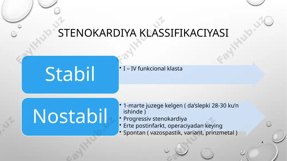 etiwshi patologiya retinde qandli diabetti anıqlaw ushın stenokardiyada ash qarınǵa glyukoza muǵdarı bahalanadı, glikirlengen gemoglobin ushın sinama ótkeriledi. barliq jerde qabıl etilgen glyukozaǵa tolerantlik sınaması gónergen esaplanadi qalqan tarizli bez disfunkciyasinin’ klinikalıq belgileri ámeldegi bolǵanda qanda qalqan ta’rizli bez gormonlari dárejesi anıqlanadı. 10 instrumental diagnostika tınısh jaǵdayda ekg; fizikalıq iskerlik menen ekg; ekgnin’ sutkalıq monıtoringi (xolter); tınısh jaǵdayda exokardiografiya; fizikalıq yamasa farmakologik júk menen stagnifigaciya stressli exokardiografiya. 11 koronografiya bul invaziv usildin' mu’mkin bolg’an aqibetlerin esapqa alg’an jag'dayda, koronografiya to’mendegi jag’daylarda ko’rsetiledi: miokard revaskulyarizaciyasi o’tkiziwge mu'tajligi joqari bolg’an nawqaslarg’a; ju’rek toxtawi yamasa o’mir ushin qa'wipli bolg’an qarinsha aritmiyalarin basinan o’tkizgen nawqaslarg’a; eger diagnoz noanvaziv usillar ja’rdeminde tastiyqlanbag’an bolsa 12 stenokardiyani emlew stenokardiyani emlewdin’ maqsetleri: miokard infarkti ha’m o’limnin’ aldin aliw joli menen kesellik aqibetin jaqsilaw; belgilerdi kemeytiw yamasa joq qiliw; 13 dislipidemiyani emlew lipidler dárejesi joqarı nawqaslarda baslanǵısh terapiya retinde dietaǵa ámel qılıw zárúrli bolıp tabıladı, biraq túrli izertlewler boyınsha …