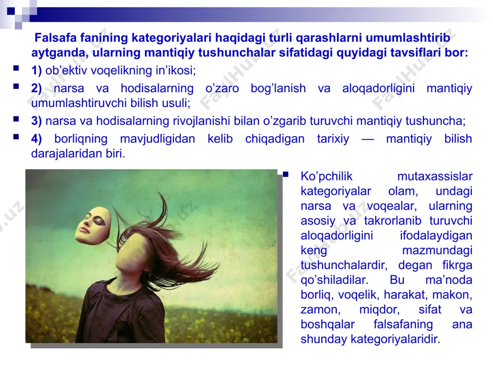 osida, ularni maqsadga muvofiq tashkil qilishga qaratilgan. ya’ni, insonning ob’ektiv reallikni nazariy bilishga asoslangan: tashkillashtirish, boshqarish, nazorat qilish faoliyatlari samaradorligi va maqsadga muvofiqligi turli kategoriyalardan unumli foydalanishi bilan xarakterlanadi. www.arxiv.uz www.arxiv.uz falsafa fanidagi an’anaviy tarzda yozilgan darsliklar, o’quv qo’lanmalaridan farqli o’laroq, bu kategoriyalarni qiyosiy tahlil qilishimizdan maqsad, boshqa juft kategoriyalarning mazmunini ochib berish imkoniyatini yaratishdir. chunki, «mohiyat va hodisa», «mazmun va shakl», «sabab» va oqibat», «zaruriyat va tasodif», «imkoniyat va voqelik» kategoriyalarining mazmuni, yuqorida ko’rsatilgan «alohidalik», «xususiylik» «umumiylik», «butun», «qism», «struktura», «element», kategoriyalari mazmuni bilan uzviy bog’liqdir. shuning uchun biz falsafa kategoriyalarini bir-birini taqozo qiluvchi, nisbatan mustaqil bilish usullarining yaxlit sistemasi tarzida olib qarashni lozim topdik. lekin, buning uchun har bir kategoriyaning mazmunini alohida tahlil qilish zarur. www.arxiv.uz www.arxiv.uz mohiyat va hodisa. «mohiyat va hodisa» kategoriyasini olib ko’raylik. mohiyat-o’zida alohidalik, maxsuslik, umumiylikning mazmunini, sababini, zaruriyatini, imkoniyatini, butun, qism, sistema, struktura, element tarzida namoyon qiladi. hodisa esa, ularning bog’lanishi, aloqadorlik va …