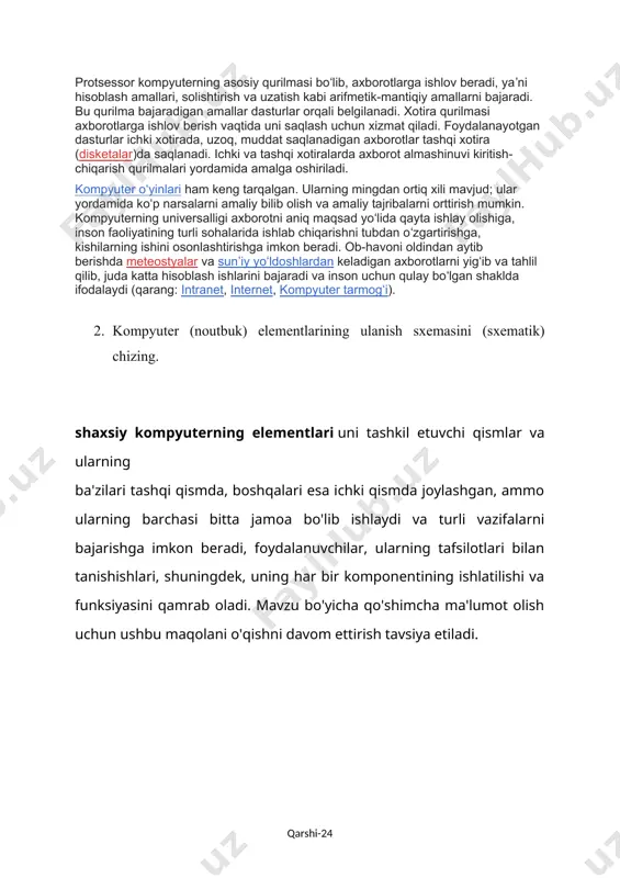 a oʻn superevm) boʻlgan. kompyuterlar masalalarni yechishda foydalaniladigan komponentlar (tarkibiy qismlar) tarkibi va tavsifi jihatdan bir-biridan farq qiladi. murakkab masalalarni yechishda kuchli qurilmalar oʻrnatilgan kompyuterdan, hujjatlarni bosishda harf bosish qurilmasi boʻlgan kompyuterdan foydalaniladi. istalgan kompyuter tizimlar bloki, monitor va klaviaturadan iborat boʻladi. kerak boʻlganda boʻlardan tashqari boshqa qurilmalar ham ulanadi. tizimlar blokida kompyuterning ishlashi uchun zarur muhim qismlar (diskni yuritkich, vinchester — qattiq disk, mantiqiy amallarni bajaruvchi mikrosxemalar) boʻlib, unga qolgan qurilmalar ulanadi. monitor (displey) matn va turli tasvir koʻrinishidagi axborotlarni ekranda aks ettiradi. klaviatura kompyuterga buyruq va turli axborotlarni kiritadi. koʻpincha, kompyuter tarkibiga „sichqoncha“ manipulyatori va printer kiritiladi. „sichqoncha“ ikki yoki uchta knopkasi (tugmasi) boʻlgan qurilma boʻlib, uning yordamida kompyuter ishi osonlashtiriladi. printer esa axborotlarni qogʻozga tushirish uchun xizmat qiladi. zamonaviy kompyuterlar, asosan, toʻrt qurilma: boshqarish, protsessor, xotira va kiritish-chiqarish qurilmalaridan iborat. boshqarish qurilmasi kompyuterning barcha qurilmalari ishini muvofiqlashtiradi va boshqaradi. protsessor kompyuterning asosiy qurilmasi boʻlib, axborotlarga ishlov beradi, …