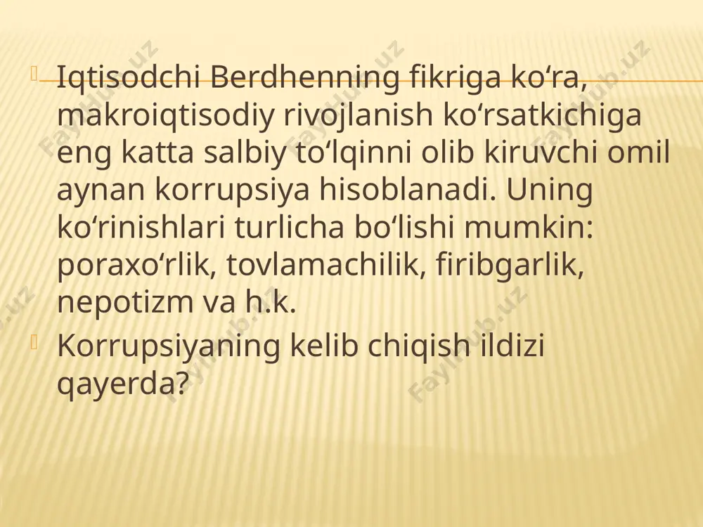 orrupsiya – nihoyatda ijtimoiy-siyosiy vayronkor kuch, uning oqibatida milliy iqtisodiyotga putur yetadi, ijtimoiy tengsizlik chuqurlashadi, xalqning davlat boshqaruvi hokimiyati organlariga ishonchi yo‘qoladi, uyushgan jinoyatchilik kuchayadi, jamiyatda ma’naviyat izdan chiqa boshlaydi. korrupsiya oqibatida kelib chiqadigan noxush hodisalar ro‘yxatini yana davom ettirish mumkin. korrupsiya buzg‘unchilik tabiatiga ega ekani uchun ham insoniy jamiyat qadim zamonlardan boshlab unga qarshi kurashib keldi. o‘za muxbiri o‘zbekiston jurnalistika va ommaviy kommunikatsiyalar universiteti kafedra mudiri, siyosiy fanlar doktori, professor muqimjon qirg‘izboevning korrupsiyaning jamiyat hayoti uchun xavfi, unga qarshi kurash usullari, rivojlangan davlatlar tajribasi, bugun mamlakatimizda bu borada qilinayotgan ishlar haqidagi fikrlari bilan qiziqdi. – tarixiy ma’lumotlarga ko‘ra, korrupsiyaga qarshi kurash ilk bor miloddan avvalgi xxiv asrda mesopotamiyaning lagash degan shahar-davlatida boshlangan, lekin taassufki, barcha sa’y-harakatlar zoe ketgan. keyingi zamonlarda ham korrupsiyaga qarshi qancha-qancha kurashlar yuz berdi, lekin ular besamar yakun topdi. insoniyat tarixida korrupsiyani tugatish yo‘llari va huquqiy asoslari hindistonda yaratildi. bundan 2,5 ming yil avval yozilgan “artxashastra …