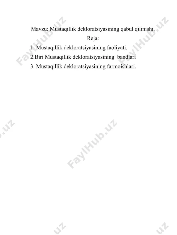 rasi hamisha qalblarimizda yashaydi. o‘zbekiston respublikasi oliy kengashi 1990-yil 20-iyunda sobiq sssr tarkibiga kiritilgan respublikalar ichida birinchilardan bo‘lib «mustaqillik deklaratsiyasi»ni qabul qildi. bu hujjatning tarixiy ahamiyati shundan iboratki, u o‘zbek davlatchiligi tarixidagi birinchi tinch yo‘l bilan o‘z taqdirini o‘zi belgilash huquqi to‘g‘risidagi hujjat edi. unga ko‘ra, o‘zbek xalqi davlat boshqaruvida har bir millatning o‘z taqdirini o‘zi belgilash huquqini va farovon hayot kechirishini ta’minlashni oliy maqsad deb o‘z zimmasiga olgan holda, xalqaro huquq qoidalariga asoslanib, o‘zining «mustaqillik deklaratsiya»sini e’lon qildi. va bundan buyon o‘zbekiston o‘zining tashqi munosabatlarida, davlat hokimiyati masalalarini hal etishda tanho hokimligini, uning chegaralari va hududi daxlsiz ekanligi, o‘z taraqqiyot yo‘lini, o‘z nomini, davlat ramzlarini (gerb, bayroq, madhiya) o‘zi ta’sis etishi va demokratik huquqiy davlat tashkil topganligini butun dunyoga ma’lum qildi. davlat va jamiyat hayotidagi muammolarni tezkorlik bilan hal etish kechiktirib bo‘lmas ahamiyatga ega edi. chunki o‘sha vaqtlarda sssrning taqdiri hal bo‘layotgan edi. markaz rahbarlari xalqni har xil siyosiy …