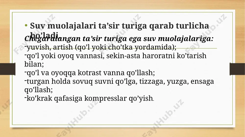 ddatli o'zgarishlarga olib keladi. issiq va qisqa muddatli sovuq dushlar skelet mushaklari va qon tomirlarining tonusini oshiradi, natijada qon tomir tarmog'ining umumiy periferik qarshiligi ortadi. ular yurak siklining fazalarining davomiyligini o'zgartiradilar, zarba hajmining oshishiga va surgun davrining qisqarishiga olib keladi. sovuq va issiq dushlar kortikal jarayonlarni qo'zg'atadi, ichki organlarda gipotalamo - gipofiz tizimini va trofik jarayonlarni rag'batlantiradi, tananing yurak - qon tomir va mushak tizimlariga ijobiy ta'sir ko'rsatadi. issiq va salqin dushlar qon tomirlarining tonusini pasaytiradi, qon bosimini pasaytiradi va teridagi immunitet oshiradi, korteksdagi inhibitiv jarayonlarni faollashtiradi va og'riq markazidan hissiy ma'lumotlarning oqimini cheklaydi. dushning ta'siri turiga ko'ra, ular mahalliy va umumiy bo'linadi. umumiy dushlarning mexanik ta'sirining kuchayib borishi natijasida chang, yomg'ir, igna, dumaloq, fan, jet (sharko dushi, shotlandiya) duhslari va suv osti dush massaji farqlanadi. mahalliy dushlardan perineal (ko'tarilgan) eng ko’p ishlatiladi. sharko dushi sharko tananing ayrim qismlariga ma'lum bir tarzda yo'naltirilgan suv oqimi asabiy taranglikni bartaraf etishini aniqladi-bu …
