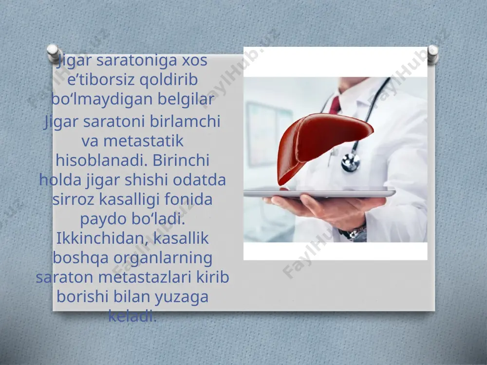 huvi yuzaga keladi. uning ikkita sababi bor: jigarning odatda qonda suvni ushlab turadigan oqsil albumin sintezi kamayadi. jigardan vena orqali qon chiqishi qiyinlashadi, shuning uchun suyuqlikning bir qismi tomirlardan chiqib ketadi. image3.jpeg image4.png image5.jpeg
