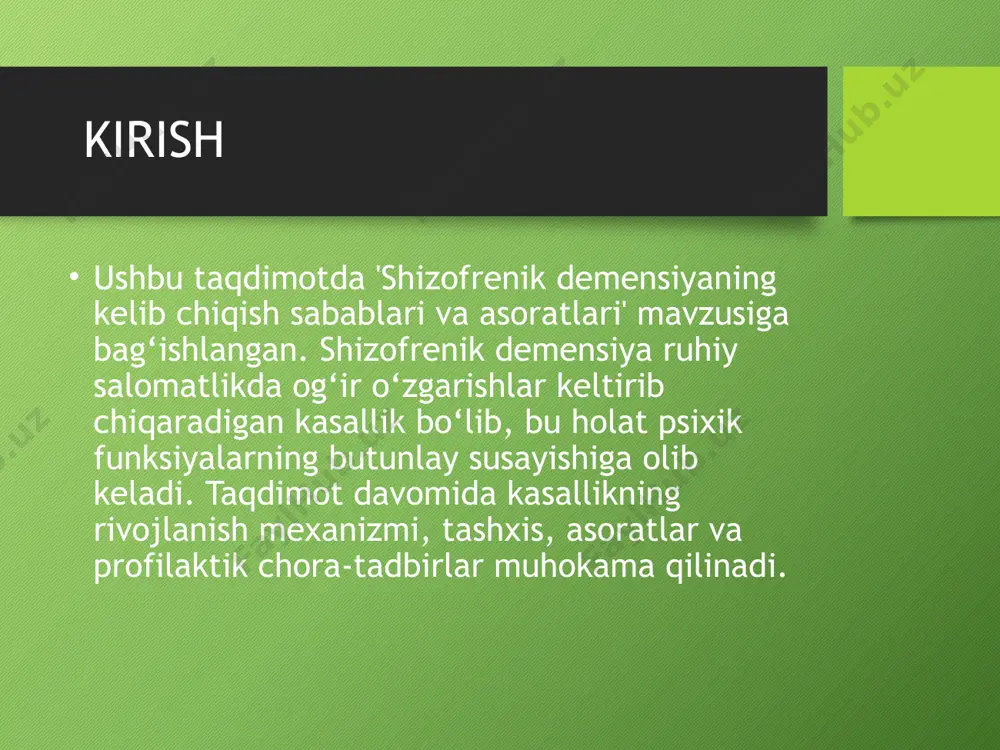ik, moliyaviy inqiroz, stressli hayot tarzi shizofrenik demensiyani kuchaytiradi. ijtimoiy iqlim shaxsning ruhiy salomatligiga bevosita ta’sir ko‘rsatadi. aholi orasida bu holatni noto‘g‘ri tushunish va stigmatizatsiya ham salbiy rol o‘ynaydi. klinik belgilari shizofrenik demensiya quyidagi simptomlar bilan kechadi: fikrlashning buzilishi, rejalashtirish qobiliyatining yo‘qolishi, xotiraning zaiflashuvi, ijtimoiy aloqalardan voz kechish, emotsional sovuqlik, o‘ziga bo‘lgan qiziqishning yo‘qolishi, harakat va nutqning sekinlashuvi, odatiy kundalik faoliyatga e’tiborsizlik. asoratlar shizofrenik demensiya asoratlari orasida to‘liq aqliy zaiflashuv, o‘ziga zarar yetkazish, o‘z joniga qasd qilish xavfi, ijtimoiy moslashuvning butunlay yo‘qolishi, doimiy g‘amginlik, jismoniy holsizlik va gigiyenik ehtiyojlarga befarqlik kabi holatlar mavjud. bu holatlar bemorning hayot sifatini keskin pasaytiradi. differensial tashxis shizofrenik demensiyani boshqa kasalliklardan farqlash uchun ruhiy va nevrologik ko‘rik, neyropsixologik testlar, mrt, kt, eeg tekshiruvlari o‘tkaziladi. uni altsgeymer, vaskulyar demensiya, bipolyar buzilishlar, frontotemporal demensiyadan ajratib olish muhim. davolashning asosiy yo‘nalishlari davolash antipsixotik vositalar yordamida olib boriladi. bundan tashqari, neyroprotektorlar, antidepressantlar, kognitiv terapiya, guruhli psixoterapiya, oilaviy konsultatsiyalar, ijtimoiy …