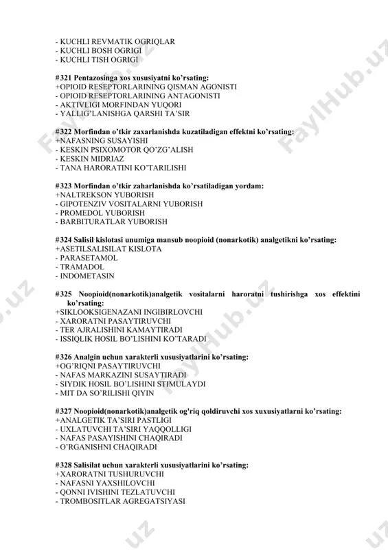 ting: + rubomisin - neomisin - streptomitsin - gentamitsin # 334 o’simliklardan olingan o’samalarga qarshi qo’llaniladigan preparatlarni ko’rsating: + vinkristin - ergometrin - ergotamin - ergotoksin # 335 ftoruratsil xususiyatini ko’rsating: + blastomaga qarshi - mikozga qarshi - retrovirusga qarshi - gijjaga qarshi # 336 epilepsiyaga qarshi qo’llaniladigan preparatlarni ko’rsating: + karbamazepin - levadopa - midantan - bromokriptin # 337 epilepyik statusda qo’llaniladigan preparatlarni ko’rsating: + diazepam (sibazon) - etosuksimid - trimetin - midantan # 338 kichik tutqanoqda qo’llaniladigan preparatlarni ko’rsating: + trimetin - levadopa - midantan - sikladol # 339 mioklonus-epilepsida qo’llaniladigan preparatlarni ko’rsating: + klonazepam - midantan - sikladol - levadopa # 340 epilepsiyaga qarshi qo’llaniladigan vositalarni ta’sir mexanizmi komponentlarini belgilang: + neyronlar membranasining stabilizatsiyasi - refraktor davrining qisqarishi - neyronlararo qo'zg'zlishni yengillashishi - tormozlanish reaksiyasini pasayishi # 341 epilepsiyaga qarshi vositalarga qo’yiladigan talablarni ko’rsating: + sedativ va uyqu chaqiruvchi ta’sirining yo’qligi - ta’sir davomiyligining qisqaligi - faqat …