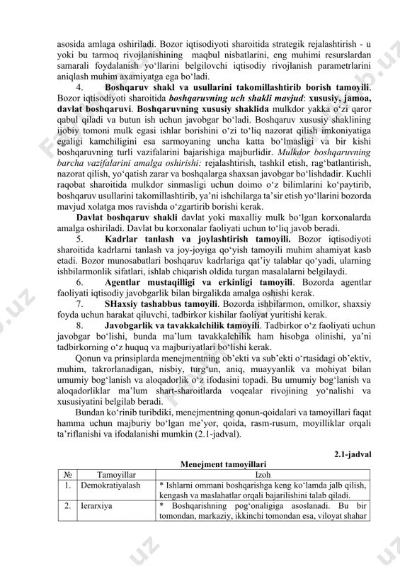 osiy qoidasidir. ilmiy adabiyotlarda odatda boshqaruv tamoyillari deganda iqtisodiyotga rahbarlik qilishda asoslaniladigan asosiy qoida, yo‘l-yo‘riq, xulq me’yorlari tushuniladi. boshqaruv tamoyillari iqtisodiyot qonunlari ta’siri natijasida boshqaruv usullariga bog‘liq xodisalar mohiyatini aks ettiradi. boshqaruv mexanizmi sxemasini quyidagicha ifodalash mumkin: qonunlar tamoyillar usullar uslublar. boshqaruv tamoyillari o‘zaro bog‘liq va birgalikda qo‘llanilishi lozim. asosiy tamoyillarga quyidagilar kiradi: 1. boshqaruvda yakkaboshchilik va kollegiyalik tamoyili. yakkaboshchilik tamoyili bevosita ishlab chiqarishda ishlab chiqarish personali a’zolarining yagona rahbar buyruqlariga qat’iy bo‘ysunushini talab qiladi. yuqori darajadagi rahbar quyi bo‘g‘in rahbari vakolatiga kiruvchi masalalarni hal etmasligi lozim. bu tamoyilni amalga oshirishning asosiy sharti har bir ijrochining huquq, burch, majburiyatlarini qat’iy belgilab qo‘yishdir. yagona boshchilik kollegiallik, qabul qilinadigan qarorlar oshkaraligi bilan qo‘shib olib borilishi kerak. kollegiallik intizom, rahbar, yagona shaxs irodasiga so‘zsiz bo‘ysunush bilan birga amalga oshishi kerak. demokratiya, oshkoralik har bir kishiga o‘z fuqarolik qarashlarini namoyon qilish, boshqaruv qarorlarini ishlab chiqish va qabul qilishda faol qatnashish uchun imkon yaratadi. 1. …