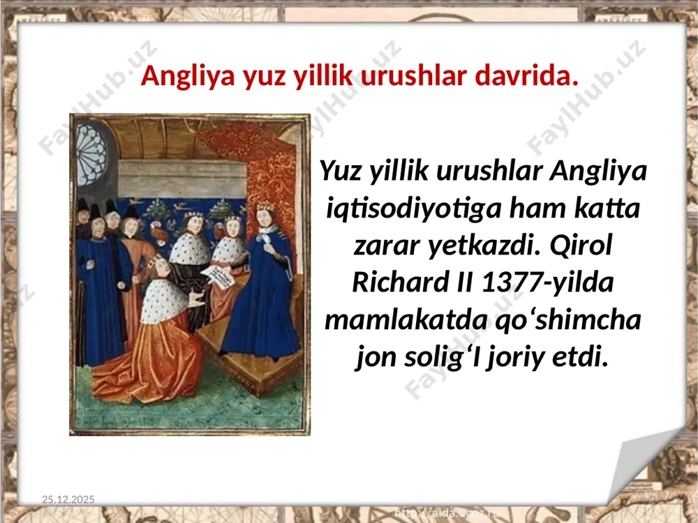 6.08.2019 12 genrix vii tyudor genrix vii tyudor (1485–1509) davrida qirol hokimiyati kuchayib boradi. 06.08.2019 13 urushlarda qirilib ketgan normand zodagonlari o‘rniga, lordlar palatasiga kiritilgan yangi anglsaks zodagonlari qirolning ishonchini qozonishga intiladi. umumpalataga taklif qilingan ritsarlar va shaharliklar ham genrix kiritgan qonunlarni tasdiqlar, unga yangi soliqlar yig‘ishga ko‘mak berardi. 06.08.2019 savol va topshiriqlar 1. yuz yillik urush davrida angliyadagi ichki vaziyat haqida nima deya olasiz? 2. uot tayler qo‘zg‘oloniga olib kelgan sabablarni ko‘rsating. 3. lankasterlar va yorklar sulolasi urushlarining angliya siyosiy tarixidagi ahamiyati nimada? 4. genrix vii tyudor mamlakatda qanday siyosat yuritgan? 06.08.2019 15 image2.jpeg image3.jpeg image4.jpeg image5.jpeg image6.jpeg image7.jpeg image8.emf image9.jpeg image10.jpg image11.jpeg image12.jpeg image13.jpeg image14.jpeg image15.jpeg image16.emf image17.jpeg image18.jpeg image1.jpeg