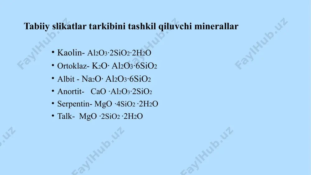 ng oksidlari va boshqa aralashmaiardan iborat bo'ladi. g'isht aralashmalardan iborat bo'ladi. xalq xo'jaligining turli-tuman sohalarida ishlatiladigan keramik materiallar g'isht kuydirilganda temir birikmalari oksidlanib g'ishtga qizil rang beradi. agar tuproq tarkibida qum kam bo'lsa, unday tuproqdan tayyorlangan materiallar pishirilganda “o'tiradi”, ya'ni hajmi kichrayib yoriladi, nuqsonli bo'ladi. shuning uchun ham g'isht tayyorlash uchun tuproqqa ko'pincha qum qo'shiladi. keramik buyumlami tayyorlash uchun avval tarkibida barcha zarur elementlari bo'lgan xomashyodan loy tayyorlanadi. olingan loyga biror-bir shakl beriladi. loyga shakl berish ikki usulda amalga oshiriladi: plastik usul va yarim quruq usul. plastik usulda shakl berib g'isht olish uchun tuproq qum bilan aralashtirilib 18-25% gacha suv solinib, loy tayyorlanadi. bu jarayon turli xildagi araiashtirgichlarda amalga oshiriladi. shakl berish lentali presslash mashinasida olib boriladi (1- rasm). 1-rasm. lentali press apparati. 1 - ortish qadog'i; 2 - valslar - yoyuvchi; 3 - shnek; 4 – press mundshtugi; 5 - ho'llagich; 6 - lenta(tasma) ko'rinishidagi loy massasi; 7 - …