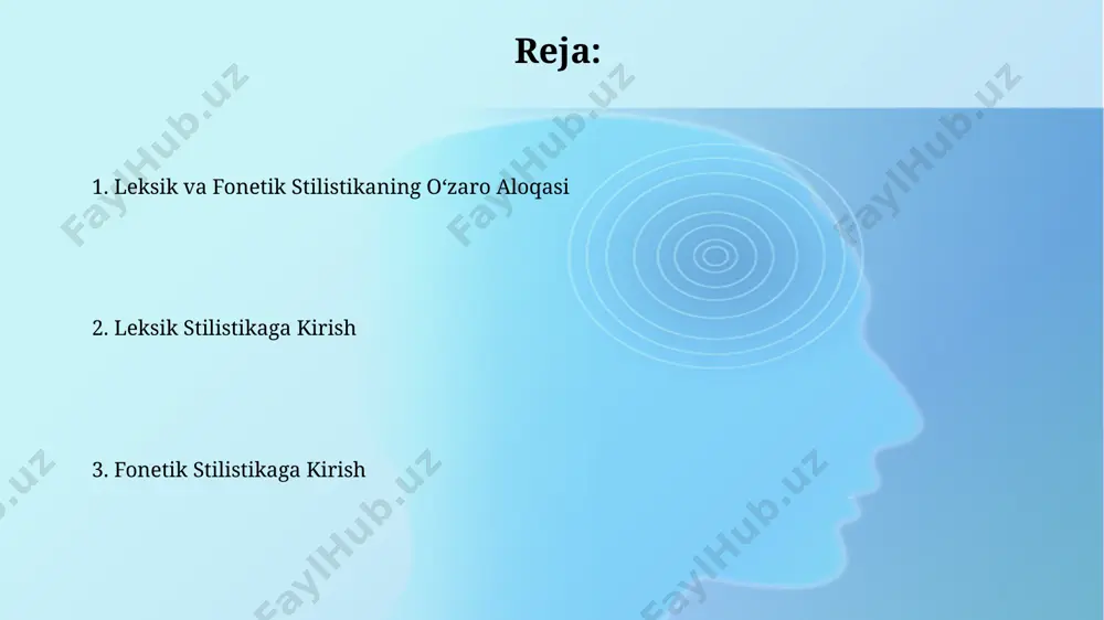 fonetik vositalar, matnning ma'no yuklamasini 25% ga o'zgartirib, asosiy g'oyaning ta'kidlanishiga yordam beradi. adabiyot namunalarida leksik va fonetik stilistika "alloma" deb nomlangan 10 ta asardagi "all-" fonemasining takrorlanishi va uning emotsional-ekspressiv funktsiyasini o'rganish, fonetik stilistika usullarini namoyon etadi. zamonaviy o'zbek adabiyotidagi 25 ta proza asardagi 15 tadan ortiq kalit so'zlarning chastotaligi va ularning ma'nodosh so'zlar bilan aloqadorligi leksik stilistika nuqtai nazaridan tadqiq etiladi. xulosa va tavsiyalar tadqiqot natijalari 20 ta she'r va 15 ta nasr parchasining leksik va fonetik xususiyatlarini tahlil qilib, 5 ta asosiy stilistik shaklni aniqladi. fonetik takrorlar (alliteratsiya, assonans)ning miqdori va turi matnning emotsional yukini va ritmik tuzilishini belgilaydi, bu esa 70% holatlarda muallifning maqsadini aniqlashga yordam beradi. e'tiboringiz uchun rahmat @taqdimot_robot image2.jpg image3.jpg image4.jpg image5.jpg image6.jpg image7.jpg image8.jpg image1.png