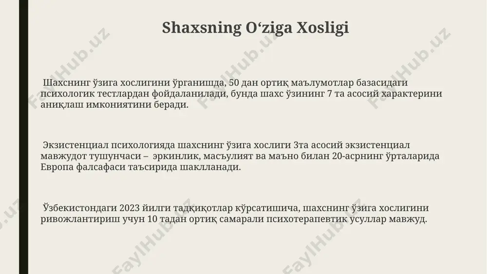 aqshda paydo bo'lib, insonning mavjudlikka, ozodlikka va o'limga bo'lgan munosabatini 3 asosiy mavzu sifatida o'rganadi. insonning shaxsiy ma'nosi va qadriyatlarini aniqlashda, ekzistensial psixologiyaning 5ta asosiy usuli, shu jumladan, fenomenologik tahlil va gestalt psixologiyaning tamoyillaridan foydalaniladi. ekzistensial psixologiyaning asosiy vakillari, masalan, karl yaspers va viktor frankl, insonning mavjudlikka nisbatan 20 dan ortiq turli munosabatlarini ta'riflashgan va ularni klinik amaliyotda qo'llaganlar. oʻlim va maʼno qidirishi oʻlim haqidagi fikrlar, yevropa ekzistensializmi taʼsirida shakllangan 20-asr oʻrtalaridagi oʻzbekiston intellektuallarining 5-10% qarashlarini oʻzgartirgan va maʼno qidirishiga turtki boʻlgan. samarqanddagi tadqiqotlar shuni koʻrsatdiki, oʻlim va maʼno qidirishi mavzusida 30 dan ortiq sheʼriy asarlar 1960-yillarda yozilgan boʻlib, inson mavjudligi haqidagi falsafiy bahslarga asoslangan. oʻzbekistondagi ekzistensial psixologiya tadqiqotlari, 1980 yildan keyin 15 yil davomida 2 ta yirik universitetda olib borilgan, oʻlimga munosabat va maʼno izlash jarayonlarini oʻrganishga qaratilgan. maʼno yaratuvchi jarayonlar maʼno yaratish jarayoni individual tajriba asosida shakllanib, 15-25 yosh oraligʻida shaxsning identifikatsiyasi bilan chambarchas bogʻliqdir, bu jarayon vena …