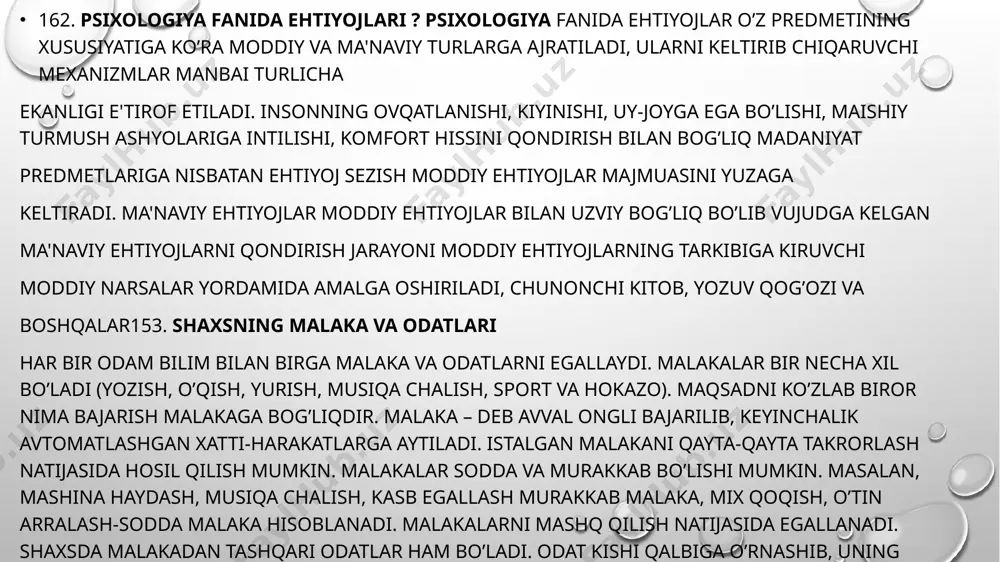 ri, ideallari, maslagi ustunlik qiluvchi, hukmron hissiyotlarini, egallagan bilimlarni, tajribalarni qamrab oladi. tabiiy asosga ega bo’lgan “endopsixika” biologik shart-sharoitlarga bog’liq bo’lsa, “ekzopsixika” aksincha ijtimoiy voqeliklar ta’sir ostida yuzaga keladi, tarkib topadi va takomillashib boradi. 265.ijtimoiy muhit va shaxs shakllanishi ijtimoiylashuv nazariyasiga ko’ra inson biologik tur sifatida tug’ilib, hayotning ijtimoiy shartsharoitlarining bevosita ta’siri ostida shaxsga aylanadi. g’arbiy evropaning eng muhim nufuzli nazariyalaridan biri bu rollar nazariyasidir. ushbu nazariyaning mohiyatiga binoan jamiyat o’zining har bir a’zosiga status (haq-huquq) deb nomlangan xatti-harakat (xulq)ning barqaror usullari majmuasini taklif qiladi. inson ijtimoiy muhitda bajarishi shart bo’lgan maxsus rollari shaxsning xulq-atvor xususiyatlarida o’zgalar bilan munosabat muloqot o’rnatishda sezilarli iz qoldiradi 266.shaxs shakllanishida irsiyat? psixologik ma'lumotlar etirof etilishicha, irsiyat va turmush sharoitlari temperament tiplari o’rtasidagi tafovutlarining sababchisidir. shuning uchun irsiy fiziologik xususiyatlari bir xil va bitta tuximdan yaralgan (gomozigot) egizaklarning temperament xususiyatlarini ikkita tuximdan vujudga kelgan (geterozigot) egizaklarning temperament xususiyatlari bilan qiyoslansa, bu omil tasdiqlanishi mumkin. ma'lumotlarga …
