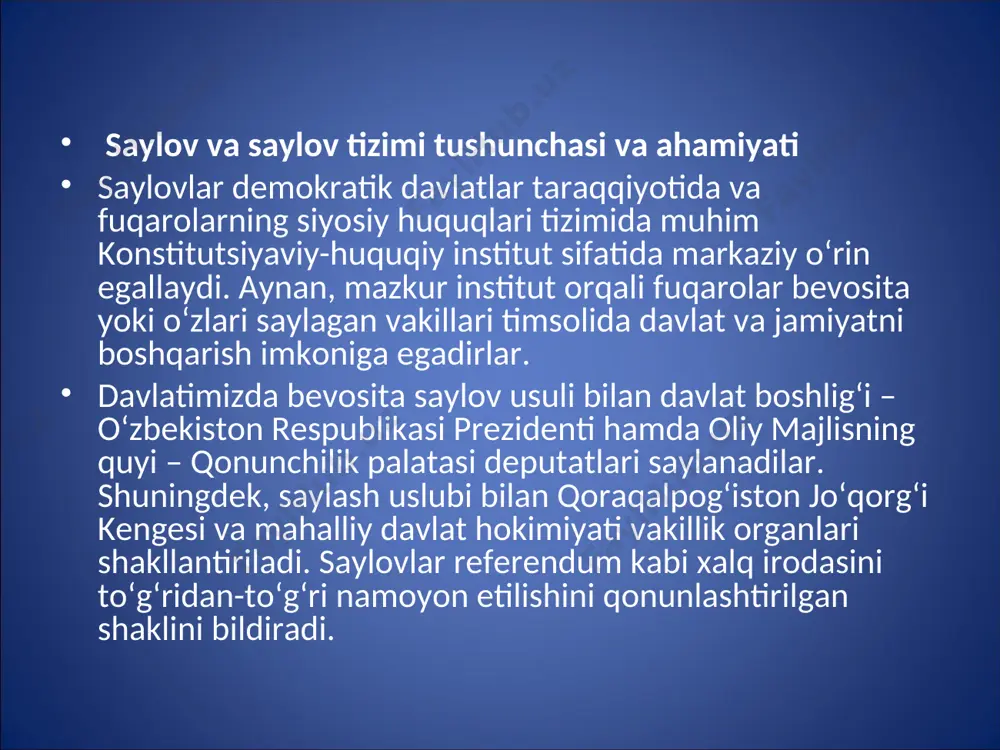 di. bu tizim rossiyada parlament saylovlarida qo‘llaniladi. majoritar tizimda saylovchi aniq bir nomzodga ovoz beradi va saylovchilarning yarmidan ko‘pchilik ovozini olgan nomzodlar saylangan hisoblanadi. o‘zbekistonda majoritar saylov tizimi qo‘llaniladi. aralash saylov tizimida har ikki usuldan bir saylov jarayonida qo’llaniladi. o‘zbekiston respublikasida “o‘zbekiston respublikasi oliy majlisiga saylov to‘g‘risida”, “o‘zbekiston respublikasi prezidenti saylovi to‘g‘risida”, “xalq deputatlari viloyat, tuman, shahar kengashlariga saylov to‘g‘risida” qonunlar bo‘lib, birinchi qonun oliy majlisga deputat va senatorlar saylash, ikkinchi qonun o‘zbekiston respublikasi prezidentini saylash, uchinchi qonun mahalliy vakillik organlariga deputatlar saylash masalasini tartibga soladi. bundan tashqari, “markaziy saylov komissiyasi to‘g‘risida”, “fuqarolar saylov huquqlarini kafolatlari to‘g‘risida”gi qonunlar ham saylov o‘tkazish, fuqarolarning saylov huquqlarini qo‘shimcha himoya qilish, ta'minlashga qaratilgandir. saylovlar ko‘ppartiyaviylik asosida o‘tishi, nomzodlar sonini saylanadigan deputatlar soniga nisbatan ko‘p bo‘lishi demokratiya tantanasi bo‘ldi. saylovlar siyosiy jarayon bo‘lib, uni tashkil qilish va o‘tkazishga qarab, jahon hamjamiyati, xalqaro tashkilotlar mamlakatda demokratiya qanday ekanligiga baho beradi. konstitutsiyaga kiritilgan o‘zgarishlar natijasida vakillik organlari …