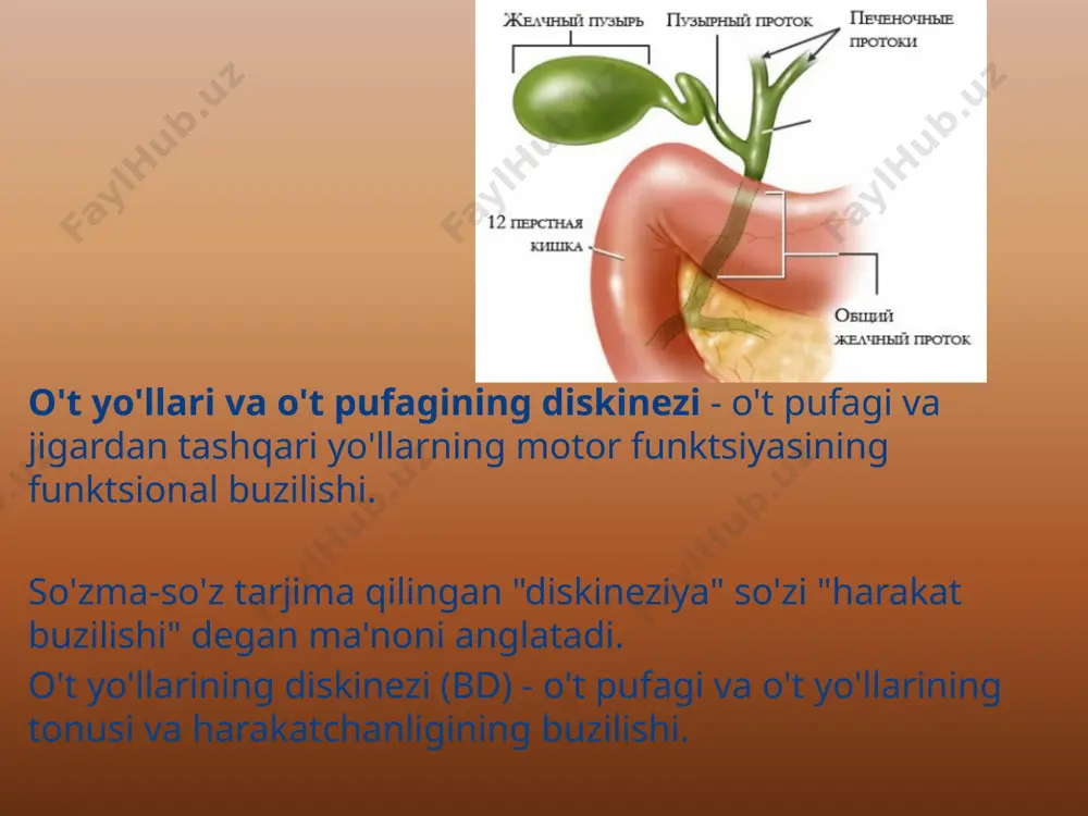 aydo bo'ladi. jvp ning etakchi klinik alomati o'ng hipokondriyumda paroksismal og'riqdir , ba'zida o'ng elka va skapulaga tarqaladi. og'riq, qoida tariqasida, dietada xatolar, jismoniy faoliyat (yugurish, tez yurish, jismoniy mashqlar) va hissiy stressdan keyin paydo bo'ladi. klinika: hujum paytida bemor mumkin bezovta bo'l unda ko'ngil aynishi, kamroq qusish, yurak urishi, bosh og'rig'i, poliuriya bor. hujum paytida va undan keyin qorinni paypaslashda og'riq o't pufagining proektsiyalash nuqtasida eng aniq namoyon bo'ladi. ( kerning belgisi - o'ng to'g'ri qorin mushagining tashqi chetini qovurg'a yoyi bilan tutashuv joyida bosganda og'riq). qisqa muddatli va antispazmodiklar bilan oson davolanadi. klinika: kasallikning kuchayishidan tashqari, qorinni palpatsiya qilish og'riqsizdir yoki o'ng hipokondriyum sohasida ozgina og'riq sezuvchanligi mavjud. jigar kattalashmagan. interiktal davrda ular o'zlarini yaxshi his qilishadi, lekin vaqti-vaqti bilan epigastriumda, o'ng hipokondriyumda va ko'pincha kindik mintaqasida bezovta qiluvchi ovqatlar, gazlangan ichimliklar va sovuq ovqatlar, jismoniy faoliyatdan keyin qisqa muddatli spastik og'riqlardan shikoyat qiladilar. klinika: ultratovush - o't …