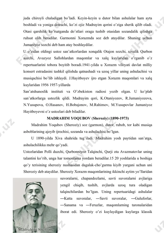 ub otajonov[footnoteref:3] [3: p. b. хuxamqulov т. х. мамedyarov xorazm maqom san‘atiga bir nazar. angren 2008-yil. ] (1891-1968) matyoqub otajonov xorazm muzika madaniyatining ko’zga ko’ringan ustozlaridan biri hisoblanadi. matyoqub otajonov 1891-yilda xorazmning xiva shahrida kambag’al oilasida tug’ildi. matyoqub yoshlik davrida maktab yoki biron mulla qo’lida tahsil olmagan bo’lsa ham, zehni va xotirasi o’tkirligi sababli musiqa sirlarini tez orada o’zlashtirib olishga intildi. keyinchalik, u otasining ruxsati bilan matqurbon hofizga shogird tushdi. ustozi matqurbon aka shogirdining zehni tezligidan va bir-ikki eshitgan kuyni yoki she’rlarni tez yodlab olishidan, ovozdor ekanligidan xursand bo’lar hamisha o’zi bilan birga olib yurar edi. ana shu yillar mobaynida matyoqub doira jo’rligida ham ashulalar ayta boshladi. ko’plar qatori 20- yillarda matyoqub otajonov sidqidillik bilan konsert birigadalarida ishladi. madrahim sheroziy, matyusuf xarratov, matpano ota xudoyberganov, safo mug’anniy kabi mashhur san’atkorlar bilan uchrashib, ko’p yillar ular bilan birga ishlashdi va mahoratini oshirib bordi. 1937- yilda matyoqub otajonov madrahim sheroziy, rayim olloberganov …