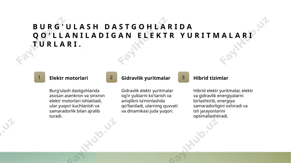 da muhim ahamiyatga ega. elektr yuritmalarining samaradorligini oshirish uchun talablar va yechimlar. elektr yuritmalarining samaradorligi elektr yuritmalarining samaradorligi, energiya sarfini kamaytirish va ishlash muddatini uzaytirish orqali, ishlab chiqarishda iqtisodiy foydani oshiradi. innovatsion texnologiyalar zamonaviy elektr yuritmalarida ishlatiladigan innovatsion texnologiyalar, masalan, inverterlar va sensorlar, energiya samaradorligini sezilarli darajada oshiradi. qayta ishlash va monitoring elektr yuritmalarni qayta ishlash va real vaqt monitoringi, samaradorlikni oshirish uchun muhimdir, chunki bu tizimning holatini doimiy nazorat qilish imkonini beradi. ishlab chiqarish jarayoni elektr yuritmalarining samaradorligini oshirish uchun ishlab chiqarish jarayonlarida avtomatizatsiya va optimallashtirishni qo'llash, energiya sarfini sezilarli darajada kamaytiradi. xulosa elektr yuritmalari turlari burg'ulash dastgohlarida turli elektr yuritmalari qo'llaniladi. ularning har biri muayyan ish sharoitlariga mos ravishda tanlanishi zarur. tanlovda e'tibor berish elektr yuritmalarini tanlashda samaradorlik, iqtisodiy foyda va texnik xususiyatlar kabi jihatlarni hisobga olish juda muhimdir. innovatsiyalar va yechimlar elektr yuritmalarini takomillashtirish va samaradorligini oshirish uchun innovatsion yechimlar ishlab chiqilishi muhim ahamiyatga ega. e'tiboringiz uchun …