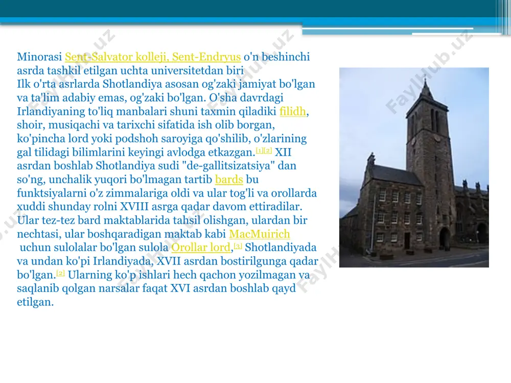 katta ta'sir ko'rsatdi.[9] mustaqillik urushlari boshlangandan so'ng, vaqti-vaqti bilan xavfsiz holatlarda istisnolardan tashqari, ingliz universitetlari shotlandiya uchun yopiq edi va qit'a universitetlari ahamiyat kasb etdi.[8] shotlandiyalik ba'zi olimlar qit'a universitetlarida o'qituvchi bo'lishdi. parijda bu john de rate va walter wardlaw 1340 va 1350 yillarda 1380-yillarda uilyam de tredbrum va 1500-yillarning boshlarida lorens de lindores.[8] ushbu holat asos solingan holda o'zgartirildi sent-endryus universiteti 1413 yilda glazgo universiteti 1451 yilda va aberdin universiteti 1495 yilda.[5] dastlab bu muassasalar ruhoniylarni tayyorlash uchun mo'ljallangan edi, ammo ular hukumat va qonunda ma'muriy lavozimlarning ruhoniy monopoliyasiga qarshi chiqishni boshlaydigan oddiy odamlar tomonidan tobora ko'proq foydalanila boshlandi. ikkinchi darajalarda o'qishni istaganlar hali ham boshqa joylarga borishlari kerak edi va shotlandiyalik olimlar xv asr oxirida shotlandiyada qayta ochilgan qit'a va ingliz universitetlariga tashrif buyurishni davom ettirdilar.[8] boshqa universitetlarga davom etayotgan harakat shotlandiya maktabini yaratdi nominalistlar o'n oltinchi asrning boshlarida parijda, ulardan jon mair ehtimol eng muhim ko'rsatkich edi. …