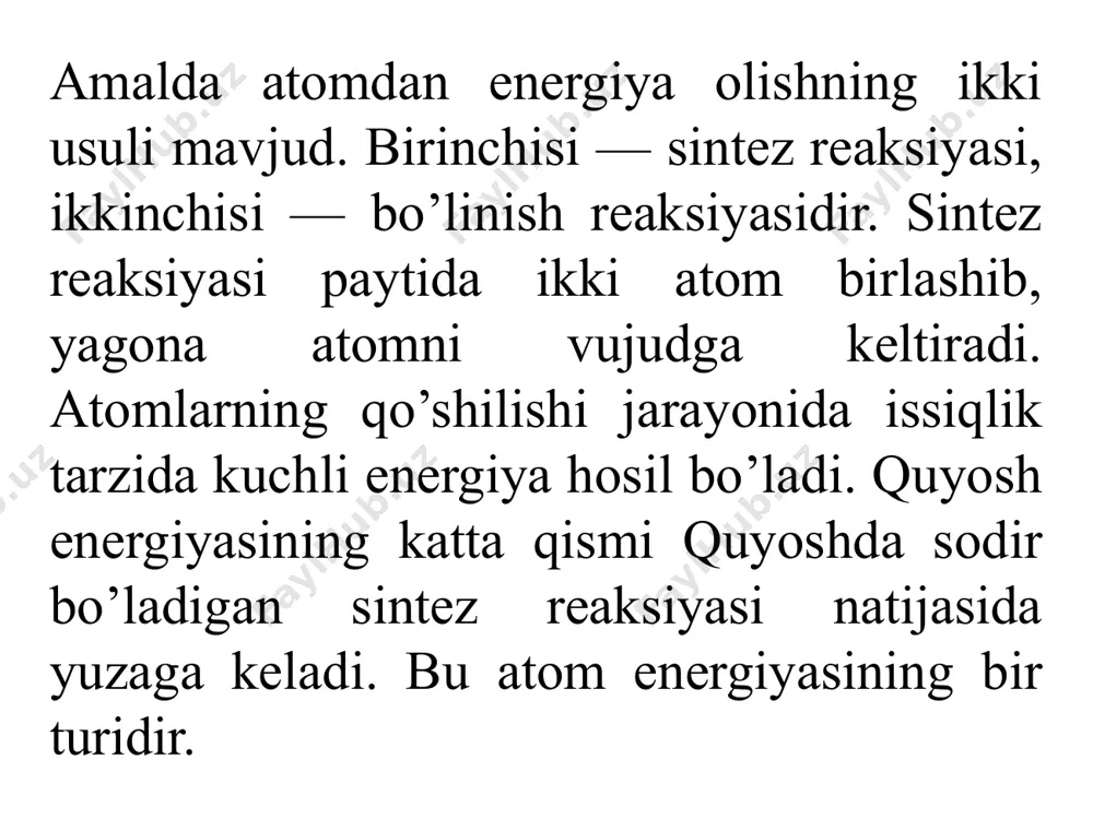 . yadro yoqilg‘isi xom ashyosi - boyitilgan uranning zahiralari dunyodagi barcha aeslarni 3000 yil to‘xtovsiz ishlashiga yetadi. • dunyodagi 50 mamlakatda uran rudasi resurslari mavjud, ammo uni faqatgina 25 mamlakat ishlab chiqaradi. uran qazib olish bo‘yicha kanada (yiliga 8500 tonna), avstraliya (6500 tonna), namibiya va nigeriya (har qaysisi 2900 tonnadan) hamda rossiya (2600 tonna) mamlakatlari yetakchi o‘rinlarni egallaydilar. uran xomashyosini qazib olish uchun 1 kg ga 40 dollar xarajat qilinadigan dunyo zahiralari 1,32 mln.tonnani tashkil qilsa, 1 kg ga 130 dollar xarajat qilinadigan zahiralar 4 mln. tonnani tashkil qiladi. dunyodagi barcha aeslarni ishlashi uchun 64 ming tonna uran talab qilinadi. atom energetikasidan ko‘p foydalanadigan mamlakatlariga fransiya, belgiya, yaponiya va koreya respublikasini kiritish mumkin. • yadro energiyasi — kelajak energiyasi. agar biz yadroviy zaharlanish xavfini kamaytira olsak va uning chiqitlarini o`quv bilan yo'qota olishni o’rgansak, yadro energiyasining qo’llanishi bizni juda ko’p ustunliklarga ega qiladi. agar chindan ham bu muammolar hal etilsa, …