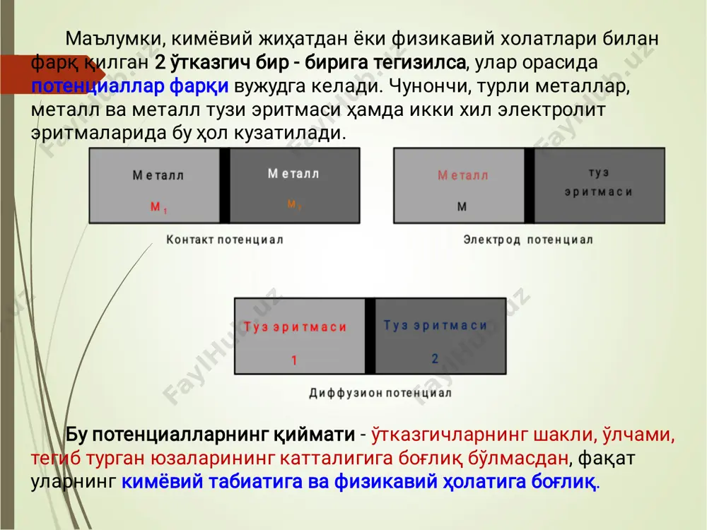н бундан гальваник занжирни, содир бўлган реакцияларни ёзишда июпак (1953) нинг қуйидаги қоидаларига риоя қилиш лозим: 1. гальваник элемент - иш бажарадиган электрокимёвий система (қабул қиладиган эмас), шунинг учун унинг эюк + (мусбат) қиймат билан ифодаланди. 2. элемент эюк хисоблаш учун ўнг электрод потенциалидан чап электрод потенциали айрилади (“ўнг плюс” қоидаси). шунинг учун элемент схемаси ёзилганда хар доим чап томонга (-) (оксидланиш содир бўлган), ўнг томонга (+) (қайтарилиш содир бўладиган) электрод ёзилади. 3. i ва ii электр ўтказувчилари орасидаги чегара битта чизиқ билан ифодаланади. zn|znso4(э) ; сuso4(э)|cu 4. иккита ii тур ўтказувчиси орасидаги чегара пунктир чизиқ билан ифодаланади. znso4 : cuso4 5. агар 2 та ii тур ўтказувчиси орасида электролитиик кўприк бўлса, унда чегара 2 та чизиқ билан ифодаланади. znso4э|| сuso4э 6. битта фаза компонентлари вергул билан ёзилади: рt|fе3+, fе2+; рt, н2 |нсi умумий тарзда: oх + zе- =rеdz- юқоридаги қоидаларга, мувофиқ якоби даниэль элементи қуйидагича ёзилади: zn | znso4э: …
