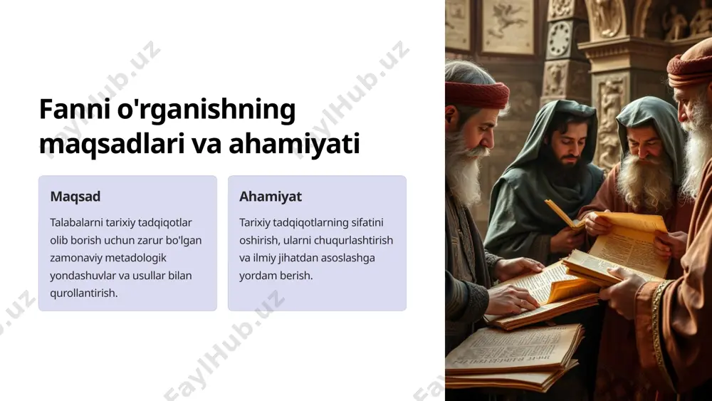 islar tomonidan baholash va tasdiqlash. guruh muhokamasi bir qator tarixchilar yoki mutaxassislar bilan tarixiy masalalar yuzasidan fikr almashuv. 6 tarix fanida statistik usullardan foydalanish demografik tahlil aholining soni, tarkibi va harakatini statistik o'rganish. iqtisodiy tahlil mamlakat yoki mintaqaning iqtisodiy rivojlanish dinamikasini statistik tahlil qilish. sotsial tahlil jamiyatdagi ijtimoiy jarayonlar va o'zgarishlarni statistik jihatdan o'rganish. 7 tarixiy ma'lumotlarni kompyuter texnologiyalarida tahlil qilish raqamli arxivlar tarixiy hujjatlarni elektron shaklga keltirish va saqlash. matnni tahlil qilish tarixiy matnlarni kompyuter yordamida chuqur tahlil qilish. vizualizatsiya tarixiy ma'lumotlarni turli grafik va diagrammalar shaklida tasvirlab berish. 8 tarixiy tadqiqotlarda kartografik usullardan foydalanish geografik tahlil tarixiy voqealarni yuz bergan joylarni, shaharlarni, savdo va qatnovlarni xaritalar orqali o'rganish. xronologik tahlil xaritalar orqali tarixiy tendentsiyalar, o'zgarishlar va dinamikani kuzatish. dinamik tahlil turli davrlarga oid xaritalar yordamida tarixiy jarayonlarning makon-vaqt dinamikasini ko'rsatish. 9 xulosa va tavsiyalar 1 xulosa tarixiy tadqiqotlarda zamonaviy metadologik yondashuvlar va usullardan foydalanish samaradorlikni oshiradi. 2 tavsiyalar …