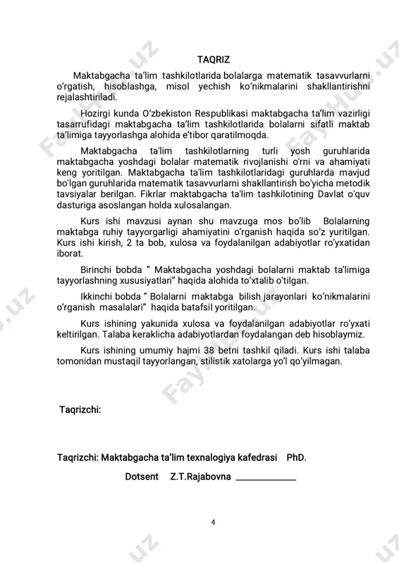 ikni ta’minlashning haqiqiy asosini tashkil qiladi. 6 bolalar bog’chasi va makatbdagi ta’lim va tarbiya vazifa, shakl hamda metodlarining turli yosh bosqichlarida bola shaxsini har tomonlama shakllantirishni amalga oshirish maqsadlarida o’zaro aloqasini qaror toptirish muhim ahamiyatga egadir. 6-7 yoshli bolalarni maktab ta’limiga pedagogik tayyorligini aniqlashda maktabgacha yoshdagi bolalar ta’lim - tarbiyasi bilan shug’ullanuvchilar asosiy shart hisoblanmish - bolaning maktabga tayyorligi maktabgacha va maktab davridagi hayot tarzi hamda faoliyati uchun ko’prik vazifasini o’tashini, oila yoki bog’chadagi ta’lim va tarbiya sharoitlarida maktab ta’limiga ozorsiz o’tkazishni ta’minlash zarurligini hisobga olish lozim. kurs ishi maqsadi: maktabgacha ta’lim muassasasida o’ziga xos va mihim tomonlarini o’rganish. kurs ishi vazifasi: maktabgacha yoshdagi bolalarga ta’lim berish jarayonini takomillashtirishning asosiy vazifalaridan biri bo’lajak pedagogning ilmiy va uslubiy ta’minlanganligini, uning tayyorgarligini oshirishdan iborat. kurs ishi metodi: kuzatish, ma’lumtlar to’plash,tahlil kurs ishi ob’yekti: maktabgacha yoshdagi mtm tarbiyalanuvchilari va tarbiyachi pedagoglar. kurs ishi ahamiyati:fan-texnika va hayotning zamonaviy rivojlanish darajasi maktabgacha ta'lim oldiga o'sib …