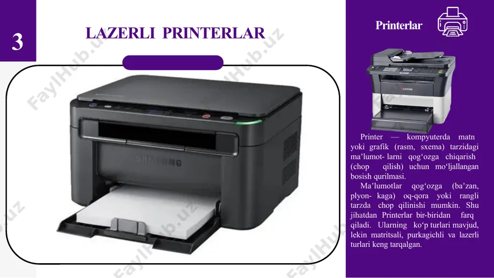 erlardir. ular elektronik signal yordamida bo'lib, xotira chiplariga saqlangan ma'lumotlarni ishlatadilar. oqimli printerlar, inkjet va laser printerlar sifatida tartibga solinadi. oqimli printerlar rangli bo’yoqni 1 sekunda 24 000 ta va qora rangdagi bo’yoqni 36 000 tagacha sachratadi. oqimli printerlarda naychalar soni 12 dan 256 gacha bo’ladi.ular tasvir sifatini taminlaydi. inkjet printerlar - bu printerlar inkjet texnologiyasini ishlatadi. ular chiziqlar orqali bo'yash materialini hujjatlarga qo'yish uchun tintalardan foydalanadi. inkjet printerlar yuqori sifatli ranglar va batareya tasarrufi bilan ajralib turadi. ular ko'proq shaxsiy ishlab chiqarish uchun tavsiya qilinadi. oqimli printerlarda naychalar soni 12 dan 256 gacha bo’ladi. ular tasvir sifatini taminlaydi. 9 printerlar va ularning turlari pezoelektr uslubi drop-on-demand uslubi gazli pufaklar uslubi printerning ishlash xususiyatlari drop-on-demand uslubib o‘yicha printer ishlash prinspi 10 chop etish sifati: printerlarning chop etish sifati, dpi yoki ppm bilan ifodalanadi. yuqori dpi yoki ppm qiymatlariga ega printerlar yuqori sifatli chop etishni ta'minlaydi. qo'llanish turi: printerlar usb, ethernet, …