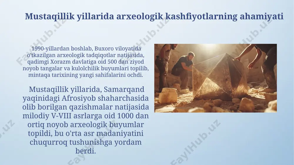 yirik shaharlarga qaratilgan edi. arxeologik muzeylar va kolleksiyalarni rivojlantirish arxeologik topilmalarni saqlash va namoyish qilish uchun toshkent, buxoro va xivada zamonaviy texnologiyalar bilan jihozlangan yangi omborxonalar va ekspozitsiya zallari qurildi. mustaqillik yillarida oʻzbekistonda 10 dan ortiq yangi arxeologik muzey va 50 dan ziyod kolleksiya fondi tashkil etildi, jumladan, samarqanddagi afrosiyob muzeyi kengaytirildi. kelajakdagi istiqbollar va vazifalar oʻzbekiston hududida 50 dan ortiq arxeologik yodgorliklarni chuqurroq oʻrganish, xususan, margʻilon, termiz kabi shaharlarda joylashgan obyektlarni zamonaviy usullar bilan tadqiq qilish istiqbolli yoʻnalish hisoblanadi. 2030-yilgacha buyuk ipak yoʻli boʻylab joylashgan 3 ta mintaqada (samarqand, buxoro, xiva) keng koʻlamli arxeologik qazish ishlarini amalga oshirish va topilmalarni milliy muzeylarda namoyish etish rejalashtirilgan. arxeologiyaning boshqa fanlar bilan integratsiyasi arxeologik topilmalarni radiokarbon va dendroxronologiya usullari yordamida aniqroq xronologik tahlil qilish uchun 2000-yillardan boshlab 5 dan ortiq xorijiy ilmiy markazlar bilan hamkorlik yo'lga qo'yildi. genetika fanining taraqqiyoti tufayli, so'nggi 15 yilda arxeologik qazishmalar natijalari o'zbekiston aholisining genetik tarixini o'rganishda …