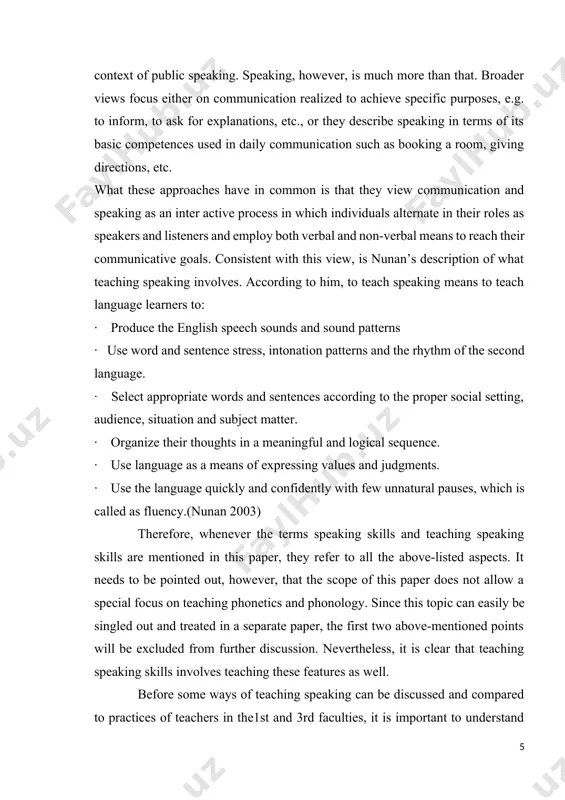 1979: 87). consequently, ‘instances of disfluency’ (thornbury and slade 2007) like hesitations, word repetitions, false starts, unfinished utterances and repairs make speaking look less neat and tidy than writing when transcribed. therefore one might assume that speaking is disorganized or even inferior to writing. but this is not true in reality. as holliday explains “the formlessness of speech is a fact of the transcription”. if judged from the perspective of written texts, spoken language will always look chaotic on paper because first and foremost, “it wasn’t meant to be written down”. (holliday 1989: 77) burns and joyce also state that “[...] speech, far from being disorganized, has its own systematic patterns and structures – they are just somewhat different from those in written language” (burnsand joyce 1997: 7). for this reason, judging speech through the measures of writing means to deny to basic characteristics and the purpose for which it …