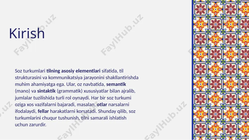 akatni ifodalab beradi. soz turkumlari tilning mohiyatini anglatadi va muloqotni yopiq yoki ochiq holda amalga oshirishda muhim rol oynaydi. so'z yasalishi jarayoni 02 yasalish vositalari: qo'shimchalar va ildizlar so‘z yasalishida ildiz va qo‘shimchalar eng muhim vositalardir. ildiz, so‘zning asosiy qismini ifodalab, mano beradi, qoshimchalar esa bu ildizga qoshilib tezda yangi grammatik va leksik formalarni hosil qiladi. misol uchun, qoshimchalar yordamida sozlar singular va plural shakllarga, shuningdek, sifat va harakat korsatkichlariga ega bolishi mumkin. bu jarayon tilning dinamikasini taminlaydi va yangi sozlar ishlab chiqarishda muhim rol oynaydi. yangi so'zlarning hosil bo‘lishi: turlari va misollari yangi sozlarni hosil qilishda qo‘shimchalar yordamida yasalish, so‘z birikmalari va qisqartmalar kabi usullar qollaniladi. qo‘shimchalar orqali ildiz sozlarga yangi mano yoki grammatik funktsiyalar qo‘shiladi, masalan, gullash - gullamoq yoki oqituvchi - oqitish. so‘z birikmalari esa ikki yoki undan ortiq so‘zning birikmasidan yangi mano hosil qiladi - masalan, kitob dokoni. qisqartmalar esa kopincha muayyan sohalarda keng tarqalgan, masalan, …