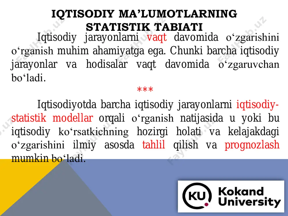 hodisalar orasidagi o‘zaro bog‘lanishlarni o‘rganish ekonometrika fanining muhim vazifasidir. bu jarayonda ikki xil belgilar yoki ko‘rsatkichlar ishtirok etadi. korrelyatsion bog‘lanish natijaviy belgi x y x1 x2 x3 y ta’sir etuvchi omil belgilar korrelyatsion bog‘lanishning xarakterli xususiyati shundan iboratki, bunda omillarning to‘liq soni noma’lumdir. shuning uchun bunday bog‘lanishlar to‘liqsiz hisoblanadi va ularni formulalar orqali taqriban ifodalash mumkin, xolos. to‘g‘ri chiziqli egri chiziqli bog‘lanishlar ekonometrik modellarni tuzishda qatnashadigan iqtisodiy ma’lumotlarga qo‘yiladigan talablar 1 omillarni o‘rganish bilan qamrab olinadigan ro‘yxat chegaralangan, omillar esa nazariy asoslangan bo‘lishi lozim 2 modelga kiritilgan barcha omillar miqdor o‘zgarishlarga ega bo‘lishi kerak 3 tadqiq qilinayotgan to‘plam sifatli bir jinsli bo‘lishi lozim korrelyatsion va regression tahlilni qo‘llash vaqtida, omillarni tanlab olish va ulardan modellarda foydalanish hamda baholashdagi asosiy 13 qoida mavjud: 4. omillar o‘zaro funksional bog‘lanmasliklari shart 5. kelajakda omillar o‘zaro ta’sirini ekstrapolyatsiya qilish uchun modellardan foydalanilayotgan vaqtda xarakter jiddiy o‘zgarmasligi, statistik mustahkam va barqaror bo‘lishi lozim 6. regression …