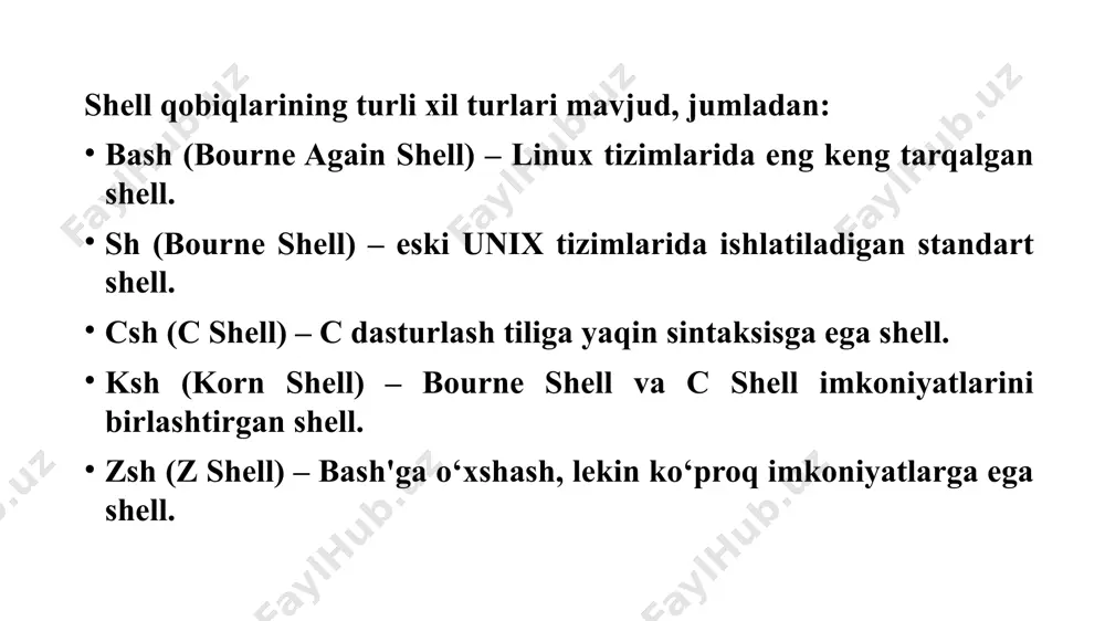 i sozlash bu buyruq my_var o‘zgaruvchisiga qiymat berib, uni ekranga chiqaradi. skript yozish shell skriptlar yozish uchun ishlatiladi. masalan, quyidagi skript ekranga matn chiqaradi: skriptni ishlatish uchun uni faylga saqlab, bajariladigan faylga aylantirish kerak: muhit o‘zgaruvchilari muhit o‘zgaruvchilari shell va uning ichidagi dasturlar tomonidan qo‘llaniladi. muhim muhit o‘zgaruvchilari: muhit o‘zgaruvchilarini ko‘rish: yangi o‘zgaruvchi yaratish: shell konfiguratsiyasi shell muhiti foydalanuvchi tomonidan moslashtirilishi mumkin. muhim konfiguratsiya fayllari: ~/.bashrc – bash qobig‘i sozlamalari (interaktiv sessiyalar uchun). ~/.bash_profile – kirish shell sessiyasi sozlamalari. ~/.profile – umumiy profil sozlamalari. ~/.zshrc – zsh shell uchun konfiguratsiya fayli. misol uchun, ~/.bashrc fayliga quyidagi kodni qo‘shish orqali maxsus xabar chiqarish mumkin: aliases (qisqa buyruqlar) shell muhiti tezkor ishlash uchun aliases yaratishga imkon beradi. masalan: bu o‘zgarishlar doimiy bo‘lishi uchun ularni ~/.bashrc yoki ~/.zshrc fayliga yozish lozim. buyruqlar tarixi linux shell foydalanuvchining oldin kiritgan buyruqlarini eslab qoladi. buyruqlar tarixini ko‘rish: aniq buyruqni qayta ishga tushirish: joriy foydalanuvchi muhiti haqida …
