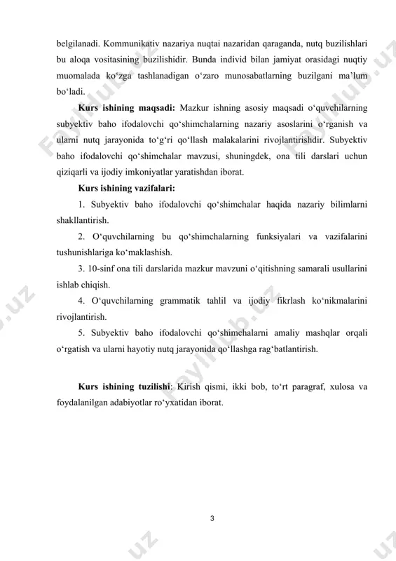 di. do‘stimcha – do‘stga nisbatan erkalash ifodasi. 2.2. mensimaslik yoki yomon ko‘rishni ifodalovchi qo‘shimchalar bunday qo‘shimchalar so‘zlarga salbiy, mensimaslik yoki yomon ko‘rish ma’nosi beradi. ular gapiruvchi yoki yozuvchining o‘sha shaxs yoki holatga bo‘lgan salbiy munosabatini aks ettiradi. misollar: odamvachcha – odamga o‘xshash, lekin past darajada. gapiruvchik – gapiruvchi, lekin yomon ma’noda. mushukvachcha – mushukning salbiy yoki kichik ifodasi. 2.3. kichraytirish yoki kattalashtirish ifodalovchi qo‘shimchalar bu qo‘shimchalar so‘zlarga kichraytirish yoki kattalashtirish ma’nolarini beradi. ular ob’ektni kattaligi yoki kichikligini ifodalashda ishlatiladi. misollar: uycha – kichik uy (uyning kichraytirilgan shakli). kattakon – juda katta. chiroyligina – chiroyli, lekin kichikroq yoki o‘zgacha tarzda. 3. subyektiv baho ifodalovchi qo‘shimchalarning tildagi roli subyektiv baho ifodalovchi qo‘shimchalar tilning ekspressivligini va ta’sirchanligini oshiradi. ular gapiruvchining yoki yozuvchining fikrini va munosabatini aniq ifodalashda yordam beradi. masalan, so‘zga qo‘shimchalar qo‘shish orqali muallif yoki gapiruvchi o‘z fikrini kuchaytirishi yoki yumshatishi mumkin. emotsional ta’sirni oshirish: bunday qo‘shimchalar nutqda yanada kuchli emotsional tasavvur …