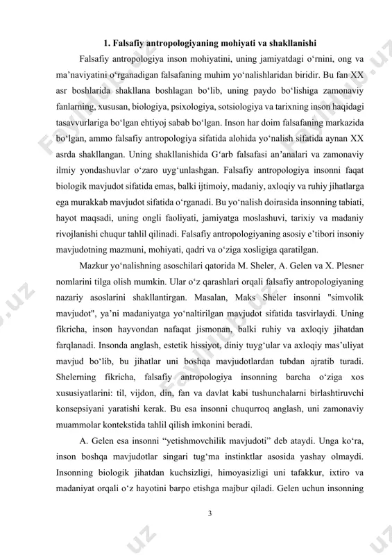 i barcha mavjudotlardan farqlovchi jihatlarini aniqlash, anglash va asoslash orqali jamiyat, madaniyat va fan rivojiga katta hissa qo‘shadi. uning shakllanishi insoniyat tarixida inson haqidagi bilimlarni yangi bosqichga olib chiqdi. bugungi kunda bu yo‘nalish nafaqat falsafiy tadqiqotlarda, balki pedagogika, psixologiya, sotsiologiya va boshqa ijtimoiy fanlarda ham faol qo‘llanilmoqda. insonni chuqur anglamoqchi bo‘lgan har qanday ilm sohasida falsafiy antropologiya muhim nazariy asos bo‘lib xizmat qilmoqda. 2. tarixiy tajriba va insonning shakllanishi tarixiy tajriba insoniyatning taraqqiyoti, o‘zligini anglash jarayoni va madaniy rivojlanishida asosiy manba hisoblanadi. inson o‘z hayotini anglashda doimo o‘tmish tajribalariga tayanadi. tarix bu borada nafaqat voqealar ketma-ketligining ifodasi, balki insoniyat tafakkuri, ruhiyati, axloqi va ijtimoiy ongining taraqqiy etish jarayoni sifatida muhim ahamiyatga ega. tarixiy tajriba insonning shakllanishi, jamiyatda o‘z o‘rnini topishi, ma’naviy qadriyatlarni egallashi va kelajak sari yo‘naltirilgan harakatlarining negizidir. har bir avlod avvalgi avlodning tajribasidan saboq olib, o‘z yo‘lini belgilaydi, yangi qadriyatlar yaratadi va insoniy tafakkurni yanada chuqurlashtiradi. insoniyat o‘z …