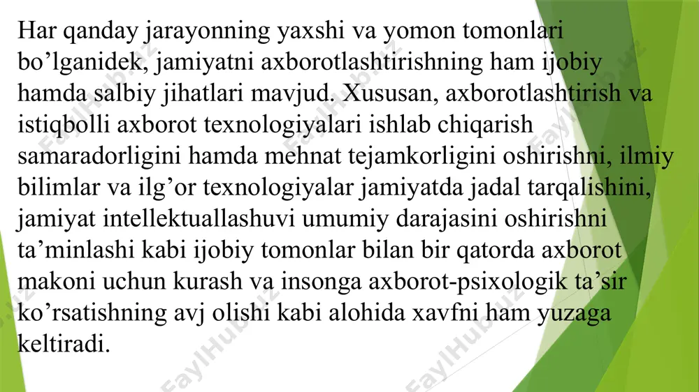 har bir fuqaroning so’z va fikr erkinligi, axborot olish va tarqatish huquqi konstitutsiya bilan kafolatlangan. ommaviy axborot vositalari to’g’risidagi bir qator qonunlar yaratildi va amalda qo’llanilmoqda. mustaqil nashrlar soni keskin ko’paydi. bularning hammasi mamlakat ichki hayotida milliy axborot tizimining o’ziga xos taraqqiyotidan dalolat beradi. image1.jpg image2.jpg image3.png image4.jpg /docprops/thumbnail.jpeg