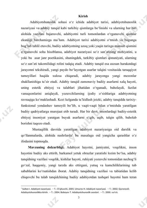 asi sifatida yondashuv adabiy tanqid metodologiyasining muhim tamoyillaridan biriga aylanib bormoqda. umuman olganda esa, keyingi yillar adabiyotshunosligi va tanqidchiligida, ayniqsa, xx asr o‘zbek adabiyotini bugungi yangilanayotgan tafakkur, yangicha ilmiy konsepsiya va metodologik tamoyillar asosida qayta baholash, undan bugungi kun uchun zarur xulosalar chiqarish asosiy tamoyillardan biri bo‘lib qolmoqda. shundan kelib chiqib, adabiy tanqidchilik sohasida o‘rganilayotgan asarlar, hozirgi davr va kelajak adabiyoti uchun qilinayotgan ishlar o‘z ahamiyatini tobora ko‘rsatmoqda[footnoteref:2]. [2: b. nazarov, a. rasulov, q. qahramonov, sh. ahmedova. o‘zbek adabiy tanqidchiligi tarixi. cho‘lpon nomidagi nashriyot-matbaa uyi. toshkent－2012, 14-bet.] mavzuning o‘rganilishi. adabiy tanqid masalalarining muhim jihatlaridan biri ma’lum bir asarni to‘liq, har tomonlama, ilmiy va badiiy xususiyatlariga qarab o‘rganish, yozuvchining badiiy mahorati bilan birgalikda o‘z davri adabiy muhitiga moslasha olganini solishtirish, chinakam ijod na’munasi yaratishdagi jarayonlarni tahlil qilishda namoyon bo‘ladi. “tanqid － saralamoqdir” deganda ulug‘ yozuvchimiz mahmudxo‘ja behbudiy haq gapni aytgan edilar. adabiy tanqidning bunday vazifasi tufayli adabiyot olami ancha yuksakka ko‘tariladi, …