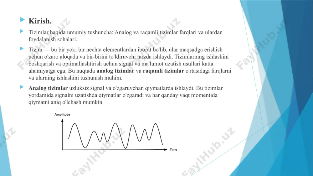 o'g'ri ushlab turish. raqamli tizimlarda sinxronlash takroriy soatlar va vaqtli signal generatorlari tushuncha: raqamli tizimlarda sinxronlash uchun asosiy usul bu takroriy soatlar (clock signals) va vaqtli signal generatorlaridir. raqamli tizimlar, ayniqsa, kompyuterlar va tarmoq qurilmalari, faqat o'z vaqtida sinxronlashtirilgan vaqtda to'g'ri ishlaydi. ishlash prinsipi: raqamli tizimlar ikkita asosiy usuldan foydalanadi: sinxron va asinxron tizimlar. sinxron tizimlar ma'lumotlarni uzatishda va olishda bir xil soat signalidan foydalanadi. bu signal barcha tizimlar va qurilmalar uchun umumiy vaqt belgilovchisi sifatida xizmat qiladi. asinxron tizimlar har bir qurilma yoki tizim o'zining soat signaliga asoslanadi. bu usulda, ma'lumotlar bir xil vaqtga moslashtirilgan bo'lmasligi mumkin, ammo har bir qurilma o'z vaqtida ishlaydi. asosiy xususiyatlari: sinxron tizimlarda barcha elementlar bir soat signaliga bog'lanadi. takroriy soatlar yordamida barcha tizim va qurilmalar bir vaqtda ishlashga imkon beradi. misollar: kompyuter tizimlari: cpu va xotira o'rtasida sinxronlash uchun soat signallari ishlatiladi. raqamli signal uzatish: tarmoq qurilmalarida sinxronlashtirish, masalan, ethernet yoki wi-fi tarmoqlarida. …