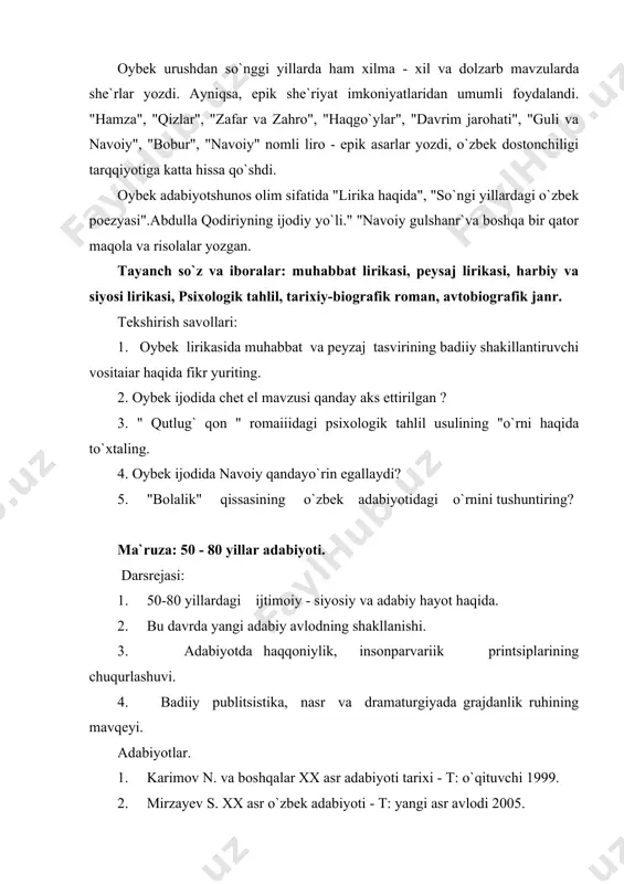 4. bu davrda mamalakat hayotida, moddiy va ma`naviy turmushda jiddiy o`zgarishlar va yangiliklar bo`ldi. bular hech shubxasiz, stalinizmning qulashi bilan bog`liqdir. stalin vafotetgach, 50 yillarning o`rtalariga kelib, shaxsga sig`inish illati keskin qoralandi, uning zararli oqibatlarini tugatish bo`yicha chora - tadbirlar belgilandi. shu tariqa, sho`ro mamlakati 1956 yilda o`z tarixining yangi bosqichiga - shaxsga sig`inish yo`llarida yo`l qo`yilgan ijtimoiy adolatsizlikni tuzatish davriga qadam qo`ydi. eng muhimi shundaki, bu davrda mamalakat ma`naviy hayotining barcha sohalarida keskin burilish yuz bera boshladi. 1956 yiida iste`dod qurbonlari: fitrat, abdulla, qodiriy, cho`lpon, usmon nosir, botu singari yozuvchilar oqlandi. 50 yillar o`rtalaridan erkinlik shabadasi esa boshladi. respublikamizda adabiy hayotni sog`lomlashtirish yuzasidan ayrim tadbirlar amalgam oshirildi. 40 yillar oxiri va 50 yillar boshlarida qatag`onga uchragan m. shayxzoda, s. ahmad, shukrullo kabi oqlanib, jo`shqin ijodiy mehnatga qaytdilar, oybek, a. qahhor kabi ulkan yozuvchilarga qarshi uyushtirilgan fitna asossiz ayblarga qisman chek qo`yildi. 2. mana shu omillar tufayli adabiyotda jonlanish yangi …