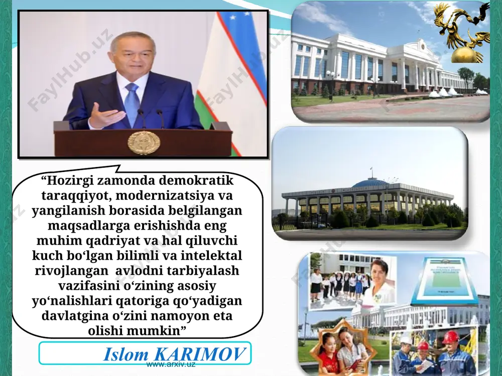 a keng tus olmoqda. shuningdek milliy g’oya targ’ibotida ham asosiy o’rinlarni egallamoqda. www.arxiv.uz 2.1. innovatsion texnologiya va uning ijtimoiy hayotdagi o‘rni. www.arxiv.uz www.arxiv.uz www.arxiv.uz o‘zining kelajagini ko‘rmoqchi va qurmoqchi bo‘lgan har qanday davlat yoxud jamiyat, albatta o‘z milliy g‘oyasiga suyanishi va tayanishi zarur. o‘z milliy g‘oyasiga tayanmagan jamiyat inqirozga duchor bo‘ladi, o‘z yo‘lini yo‘qotib qo‘yishi muqarrar. www.arxiv.uz www.arxiv.uz * tadqiqot doirasida ko‘rib chiqilganidek, mamlakatimiz yoshlari ongida milliy goyani singdirishda innovatsion texnologiyalardan tog’ri va aniq foydalanish kerakligi ko’rsatib o’tilgan . bugungi globallashgan davr milliy g‘oya targ‘iboti va milliy g‘oyani yoshlar ongiga singdirishda yangicha yondashuvlar va texnologiyalardan tog’ri va aniq foydalanishni davrning ozi bizdan taqozo etadi www.arxiv.uz www.arxiv.uz * www.arxiv.uz e’tiboringiz uchun raxmat www.arxiv.uz