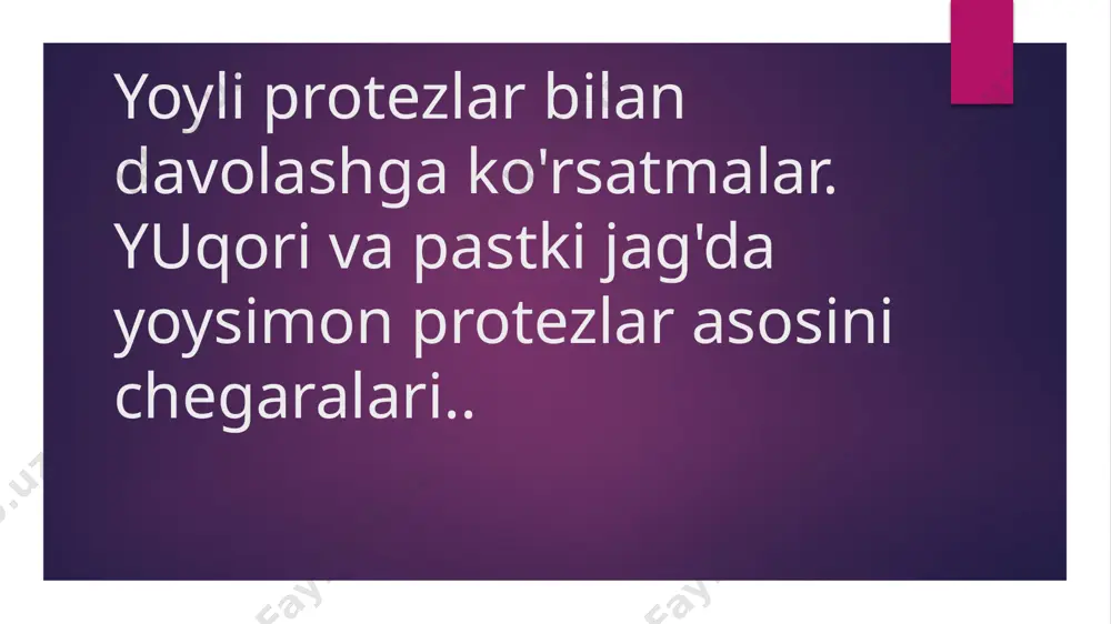 мта ости чукурлигига боглик экан, демак, матрицада турли тишлар учун мумли ярим маҳсулот (заготовка)лар тайёр лаш имконини берувчи бир неча шакл мавжудлиги аён. ички майдонча канчалик яккол намоён булса, кламмернинг фиксаци яловчи учини шунчалик киска ва эластик килиб тайёрлаш мум кин ва аксинча, ички майдонча канчалик кам намоён булса, елка шунчалик узунрок ва каттароқ, эластиклиги эса камрок килиб ясалади. ёйсимон протез синчининг мумли яриммахсулоти (заготовкаси)ни хосил килиш учун матрица. ейсимон протез синчининг чизмалари. жагларнинг марказий нисбатини аниқлаш жағларнинг марказий нисбатини аниқлаш кисман ечиладиган протезлар билан протезлашда жагларнинг ишчи модел лари олинганидан кейинги клиник боскичдир. у тиш қатор ларининг горизонтал, сагиттал ва трансверзал йўналишдаги ўзаро муносабатларини аниқлашдан иборат.альвеоляраро баландлик ва юзнинг пастки қисми баландлиги марказий окклюзияга бевосита тааллукли. альвеоляраро баландлик деганда, жагларнинг марказий нисбатида пастки ва юкори жагларнинг альвеоляр кисмлари орасидаги масофа тушунилади. мавжуд бўлган антагонистларда альвеоляраро баландлик та биий тишлар билан фиксацияланади, улар тушиб кетганда эса -фиксацияланмай колади ва уни …